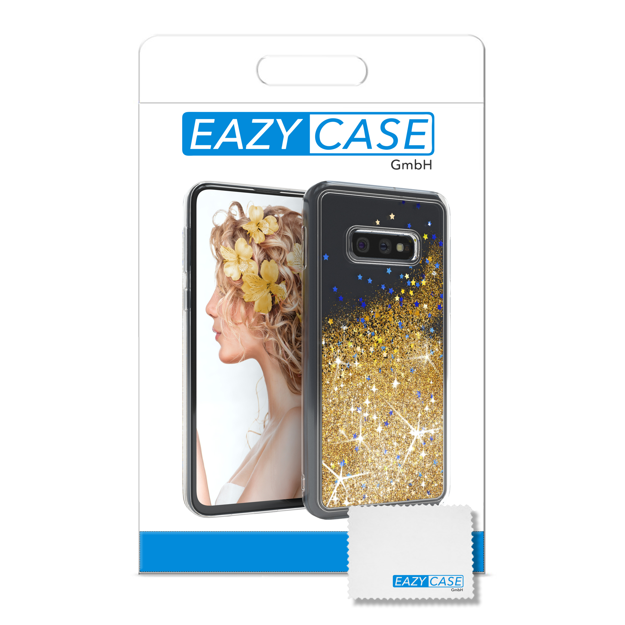 Eine Handyhülle in Verpackung mit einem Reinigungstuch. Die Hülle hat ein Glitzerdesign.