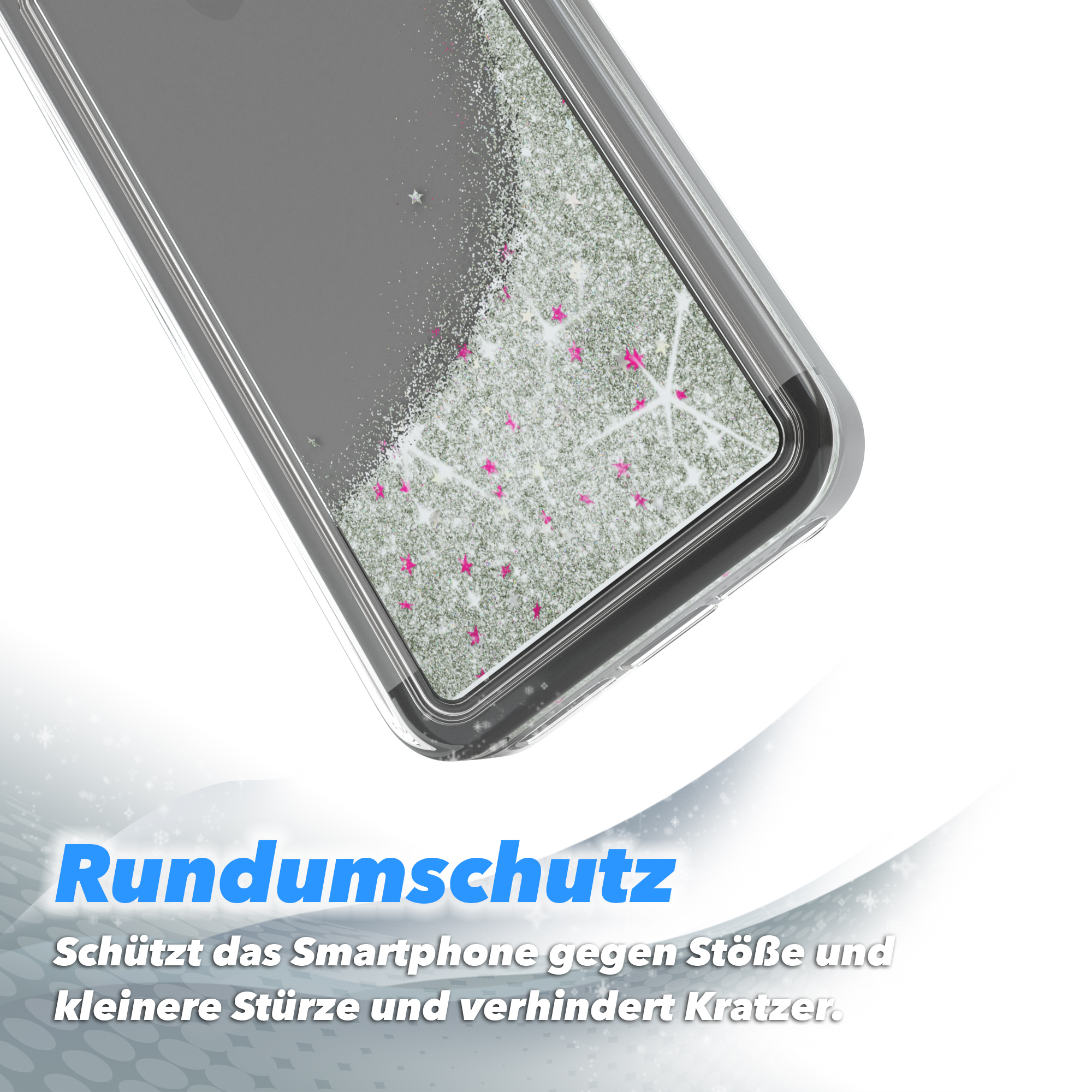 Transparente Handyhülle mit Glitzer. Silberne Sterne und rosa Akzente. Schutzdesign.