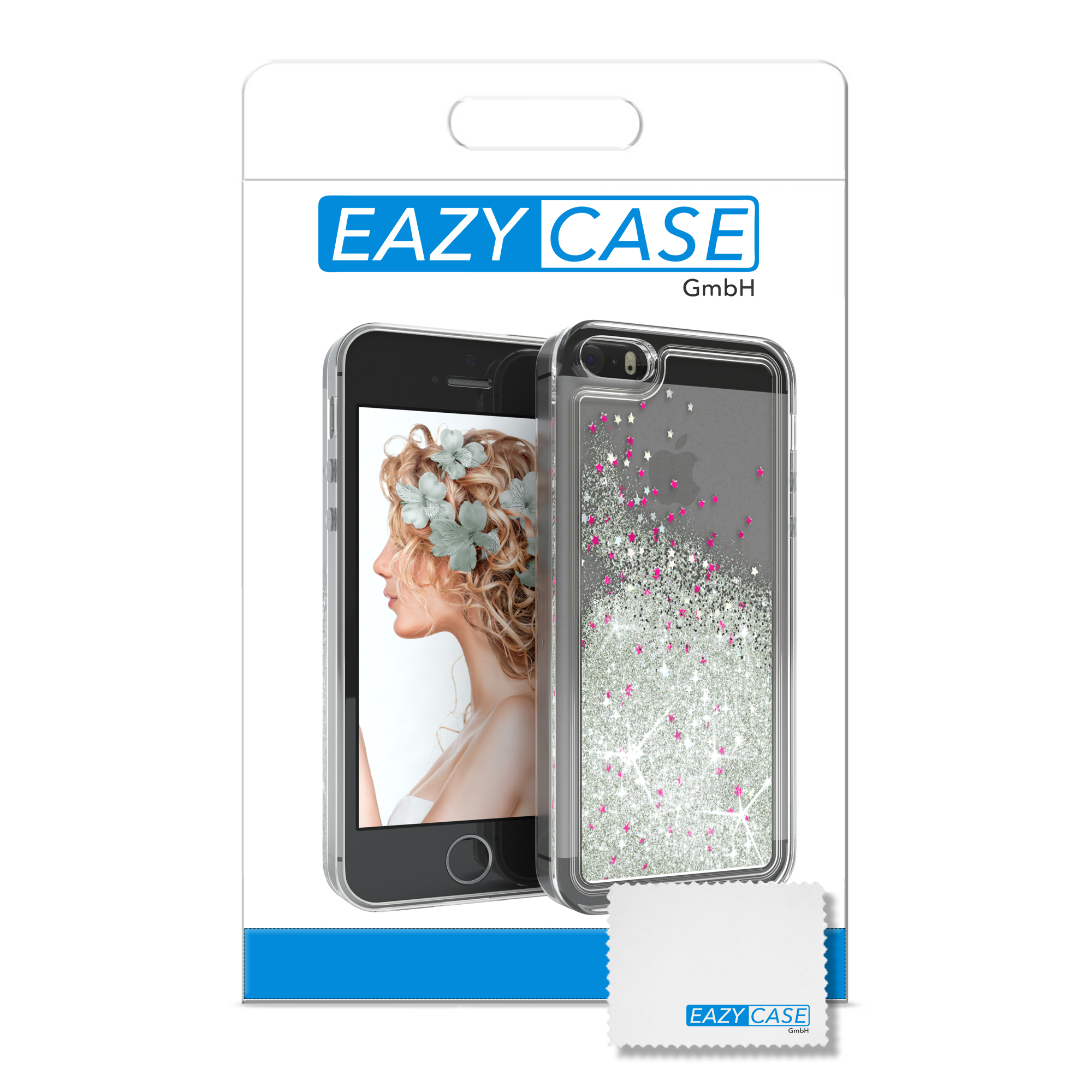 Telefonhüllen-Paket mit Telefon und Frauengesicht. Weißes Paket mit dem Markennamen EAZY CASE.