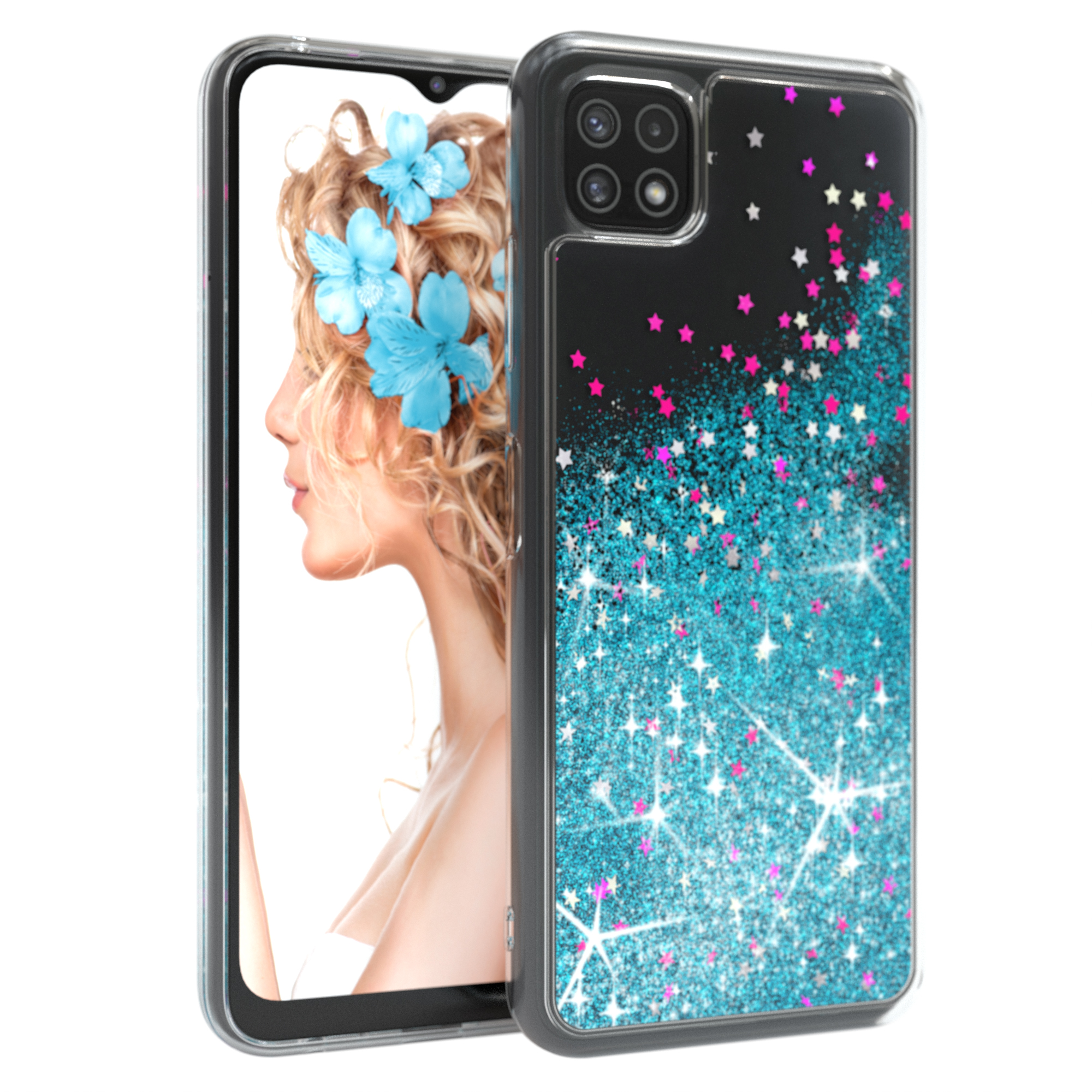 Telefon mit türkisfarbener Glitzerhülle und Frauenprofil. Frau hat blaue Blumen im Haar.
