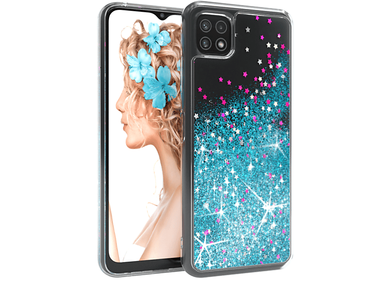 Flüssig, A22 EAZY Galaxy Backcover, 5G, Glitzerhülle Samsung, Blau CASE