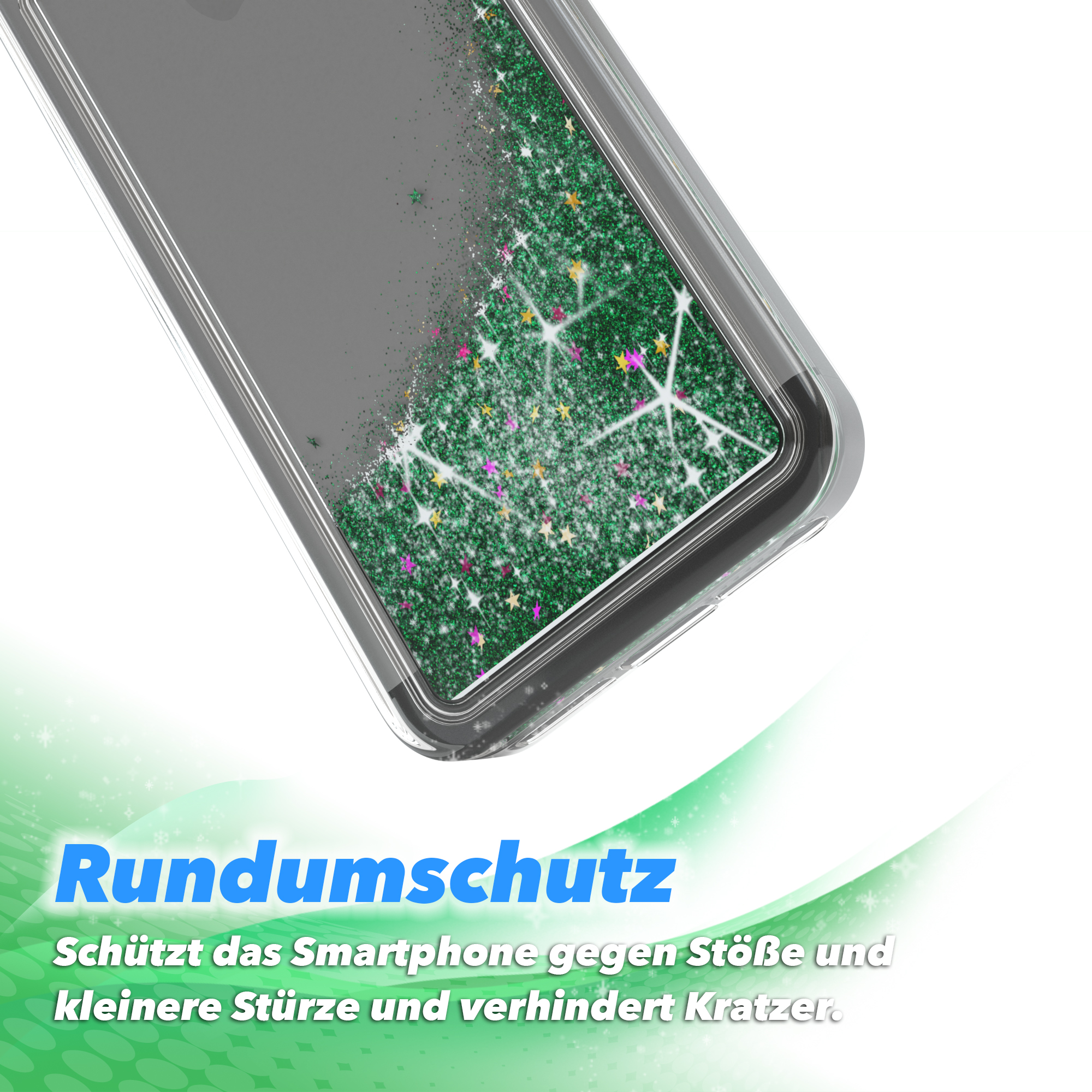 Handyhülle mit Glitzer innen. Grüne, rosa und gelbe Farben sind sichtbar. Nahaufnahme.