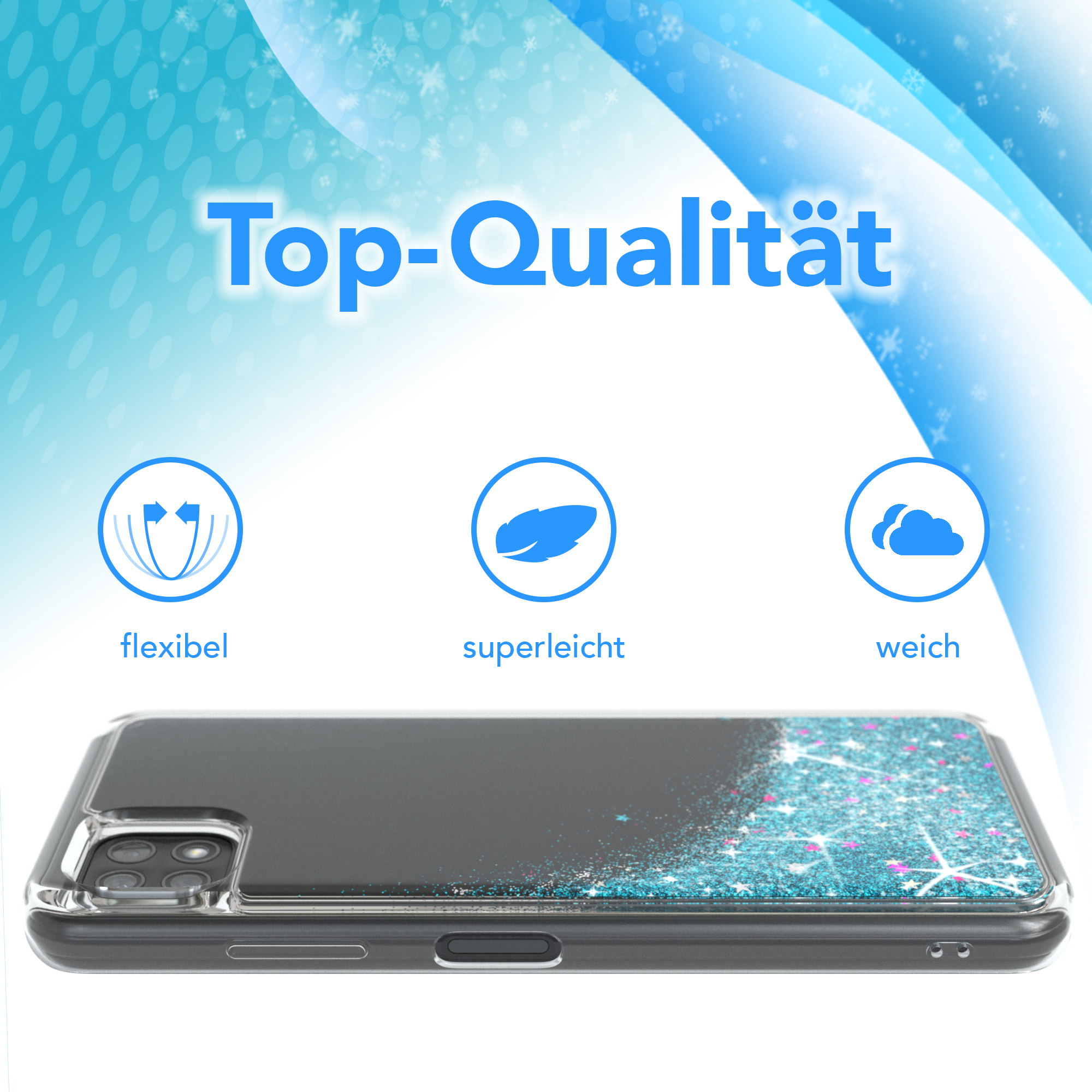 Eine Handyhülle mit Glitzerdesign. Text oben: 'Top-Qualität'. Symbole zeigen Flexibilität, Leichtigkeit und Weichheit.