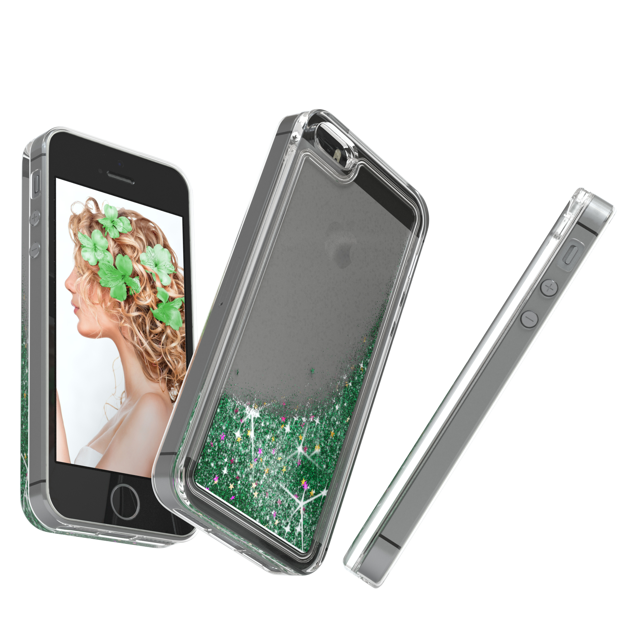 Drei Telefone mit Hüllen. Ein Telefon zeigt eine Frau mit Blumen. Die Hüllen sind transparent.