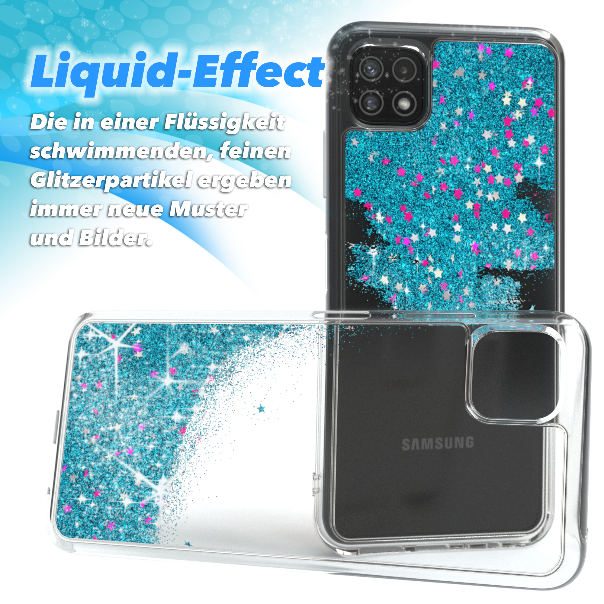 Transparente Handyhülle mit blauem Glitzer und rosa Sternen.