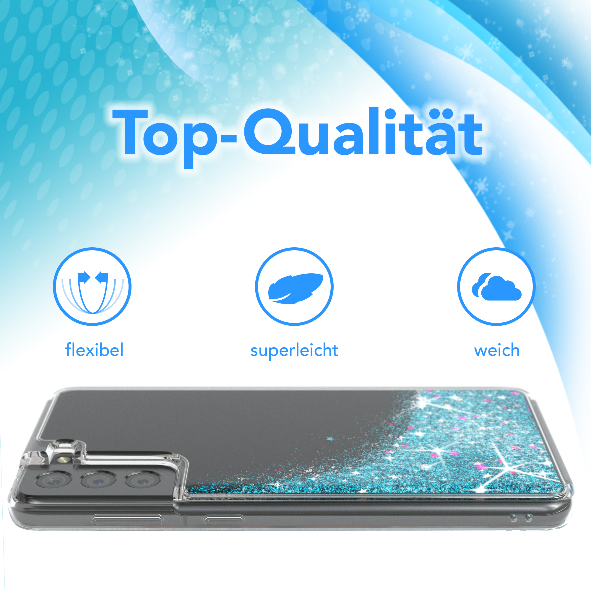 Eine Handyhülle mit Glitzer. Die Hülle hat blauen Glitzer am Boden. Das Wort Top-Qualität steht oben.