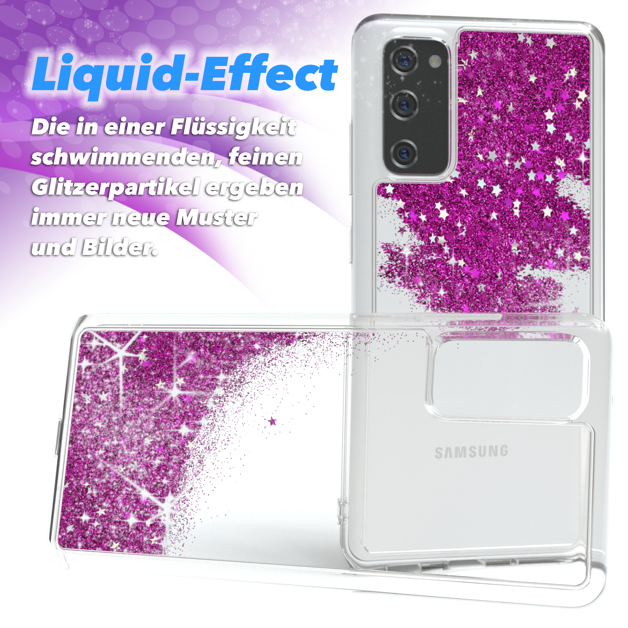 Klar Handyhülle mit pinkfarbenen Glitzer und Sternen. Der Text "Liquid-Effect" steht oben links.