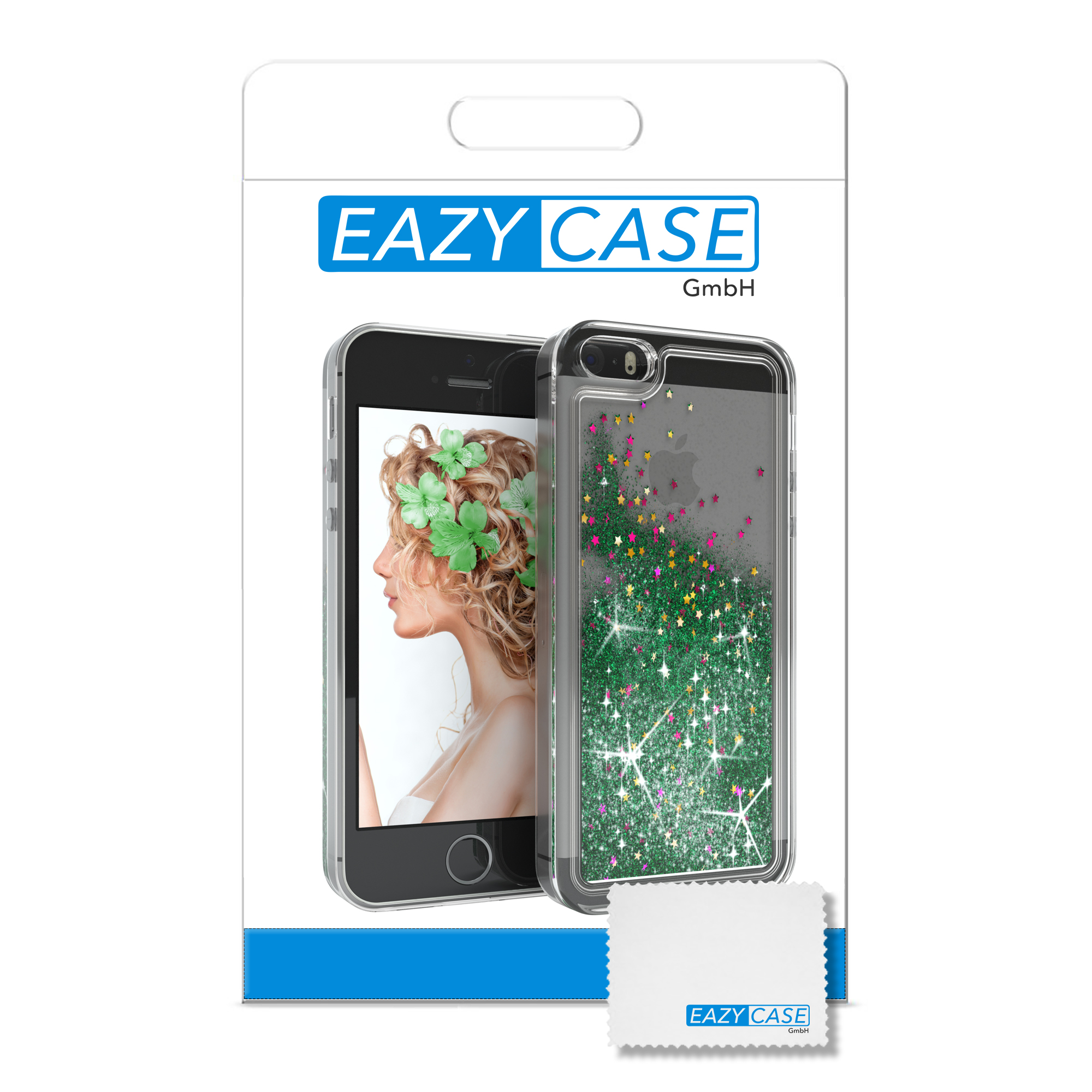 Handyhüllenverpackung. Sie zeigt ein Telefon mit Hülle und ein Reinigungstuch.