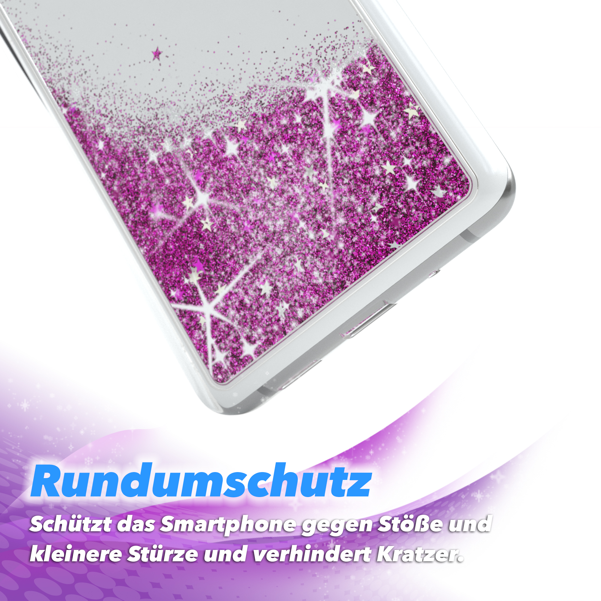 Nahaufnahme einer Handyhülle mit pinkfarbenem Glitzer und Sternen, Text 'Rundumschutz'.