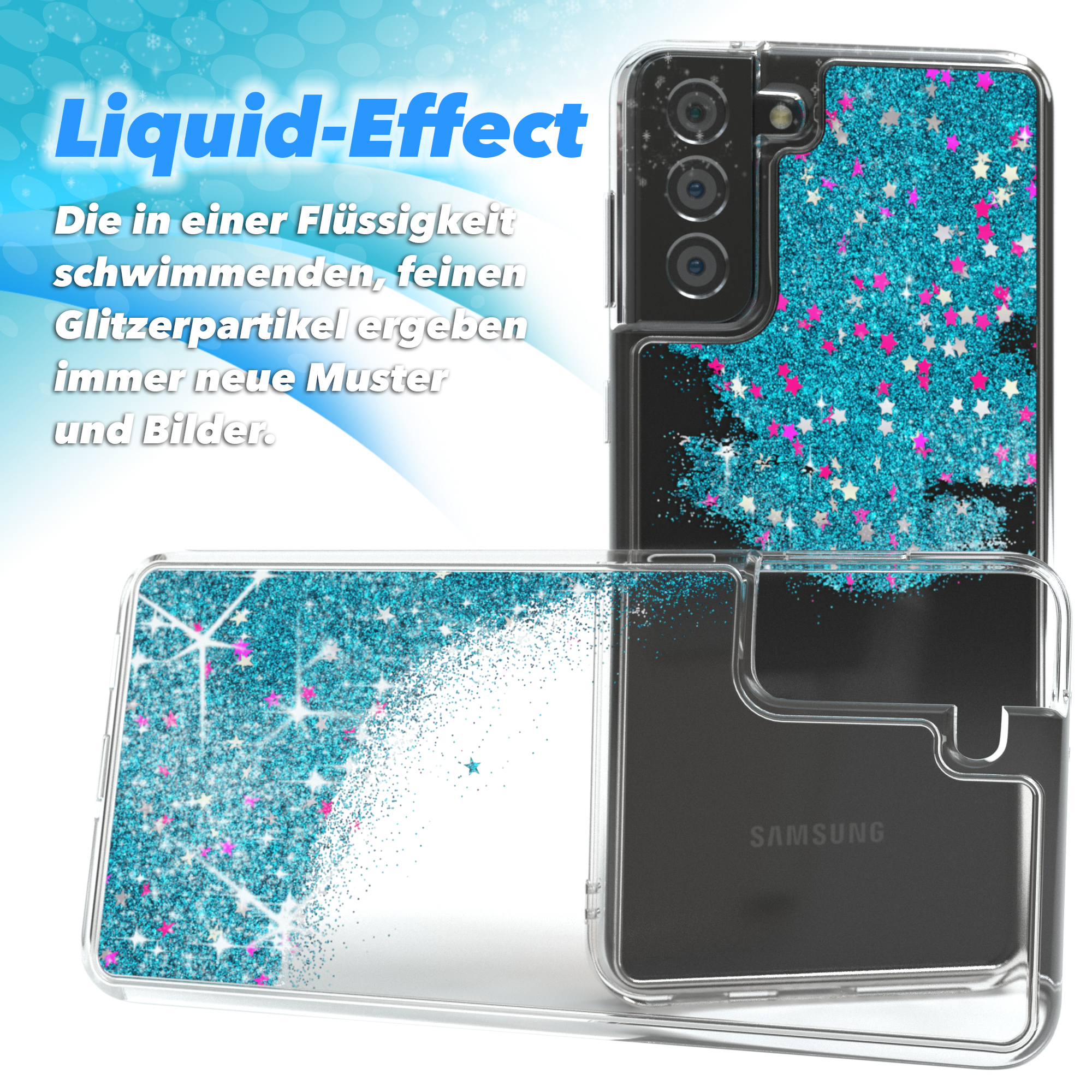 Transparente Handyhülle mit blauem Glitzer und Sternen. Text Liquid-Effect im Hintergrund.