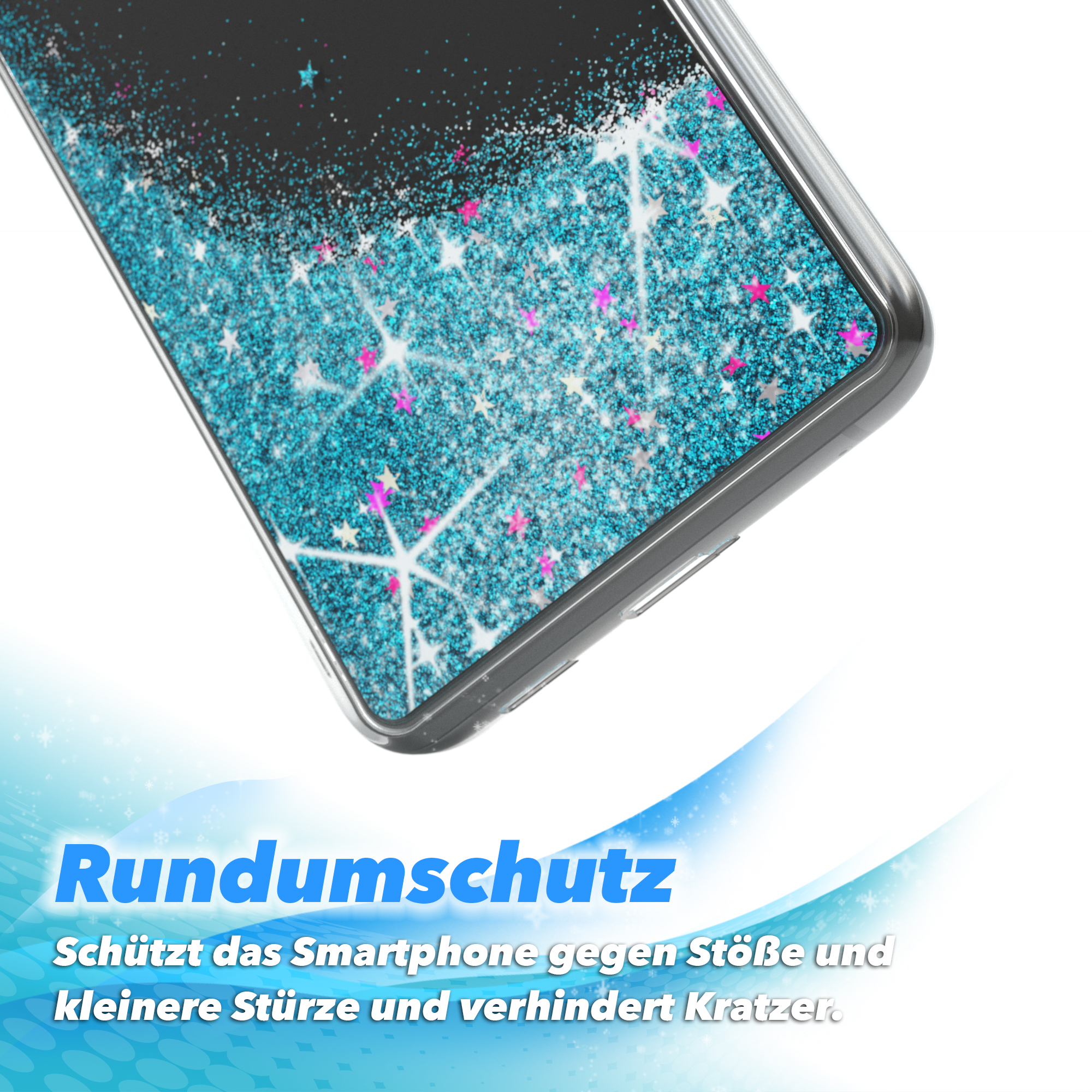 Transparente Handyhülle mit blauem Glitzer und rosa Sternen.