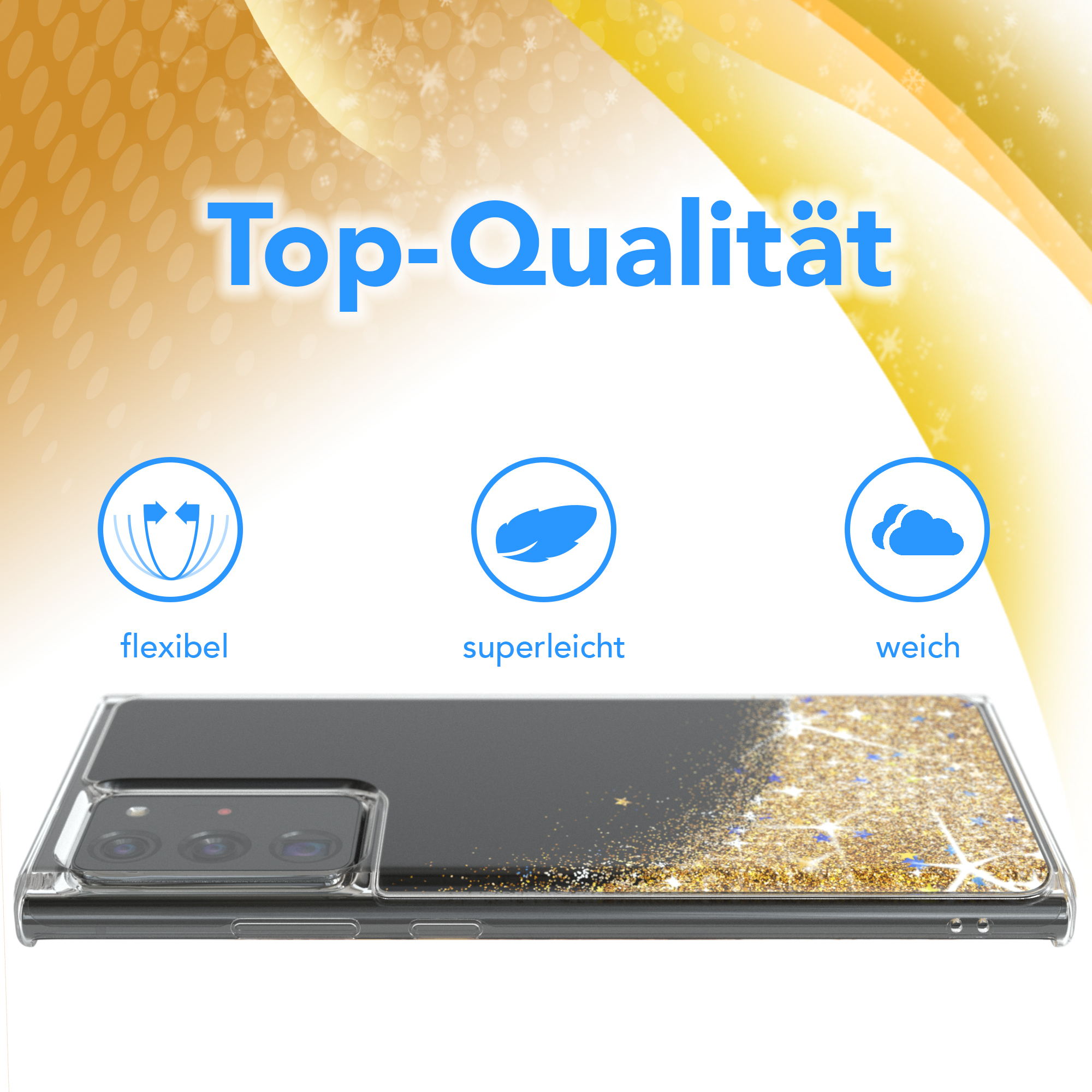 Eine Handyhülle mit Glitzer und Sternen. Es hat die Wörter: flexibel, superleicht und weich. Der Hintergrund ist Gold.