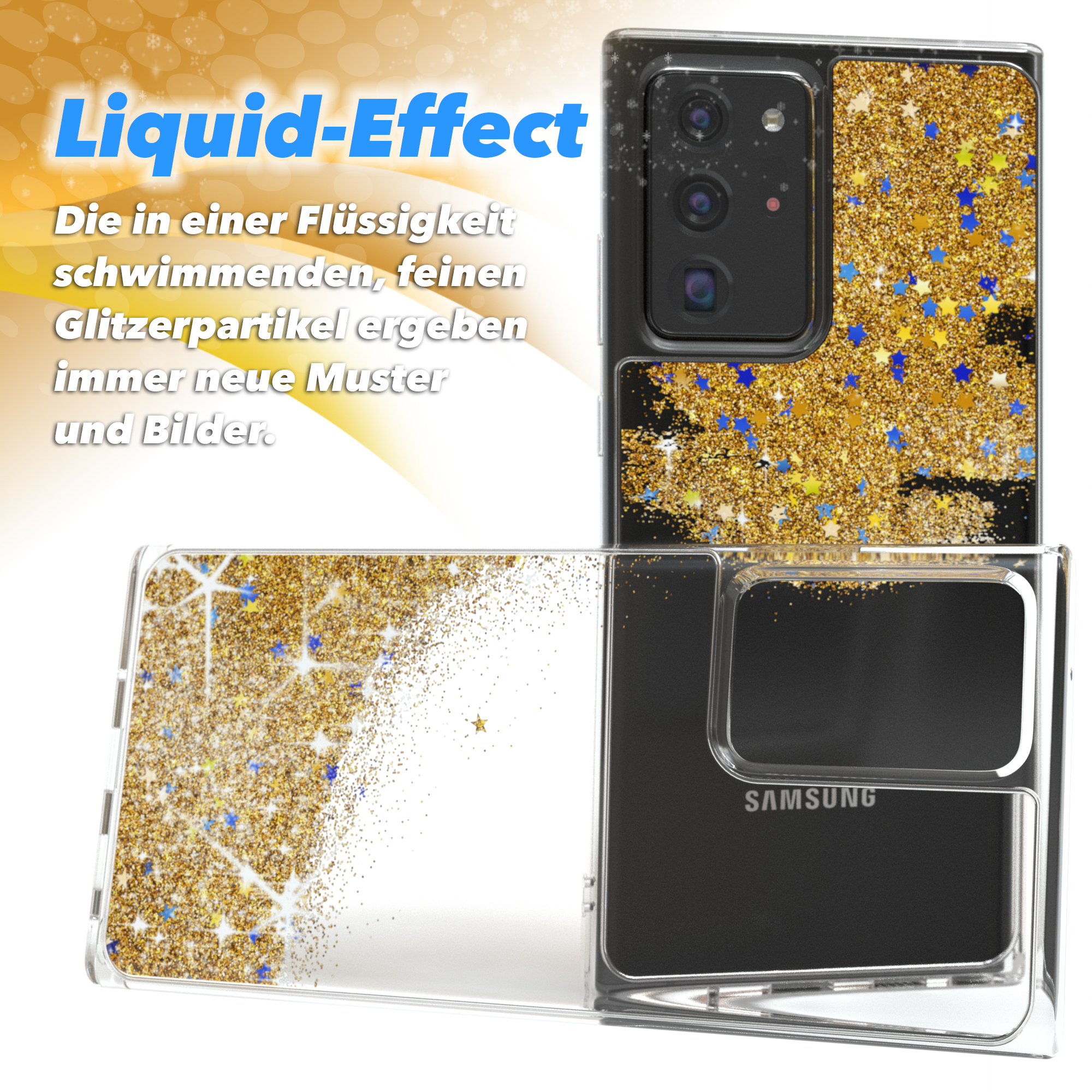 Ein Telefon in einer Hülle mit goldenem Glitzer und eine weitere Hülle. Die Worte Liquid-Effect werden angezeigt.