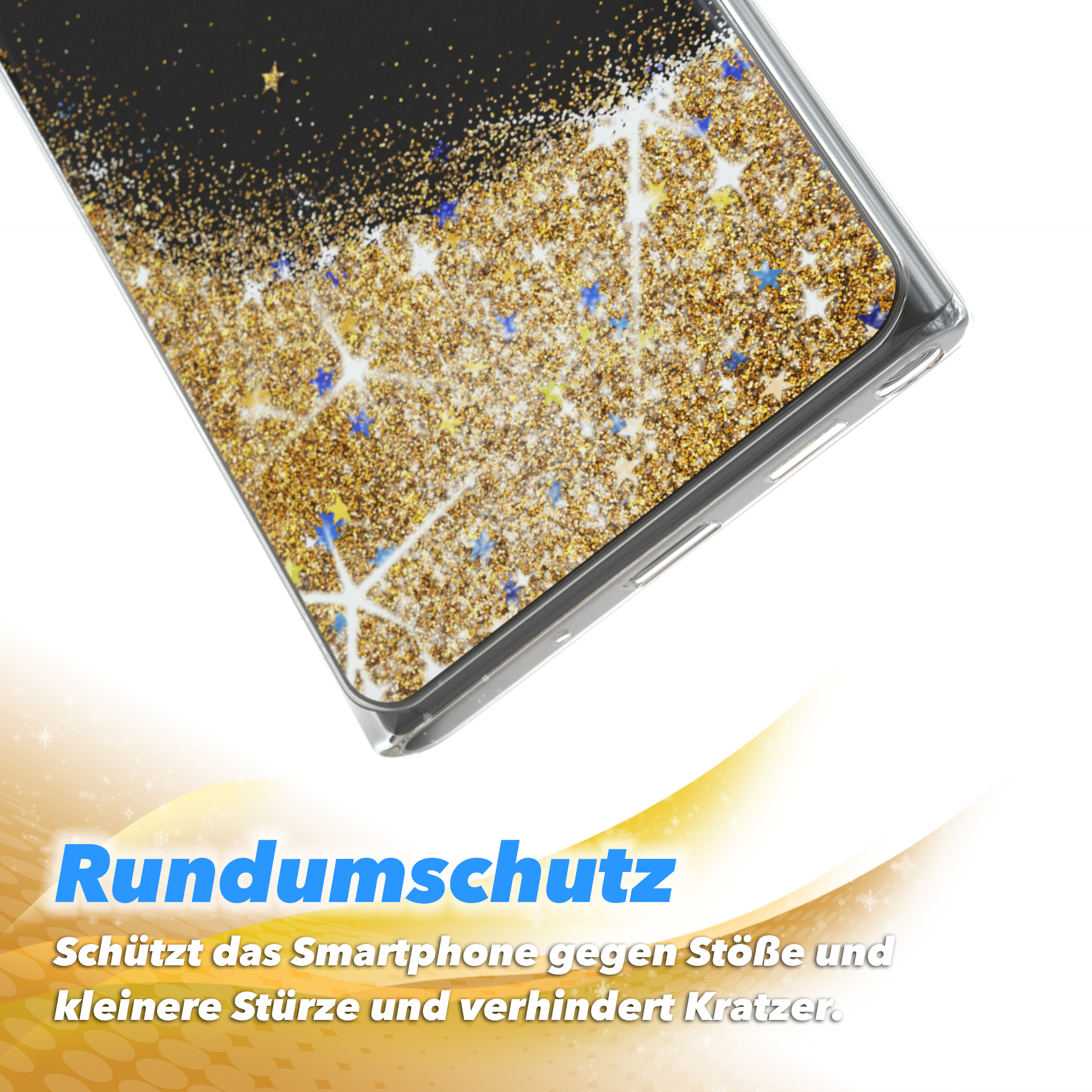 Smartphone-Hülle mit goldenem Glitzerdesign, schwarzem Oberteil und weißem Boden.