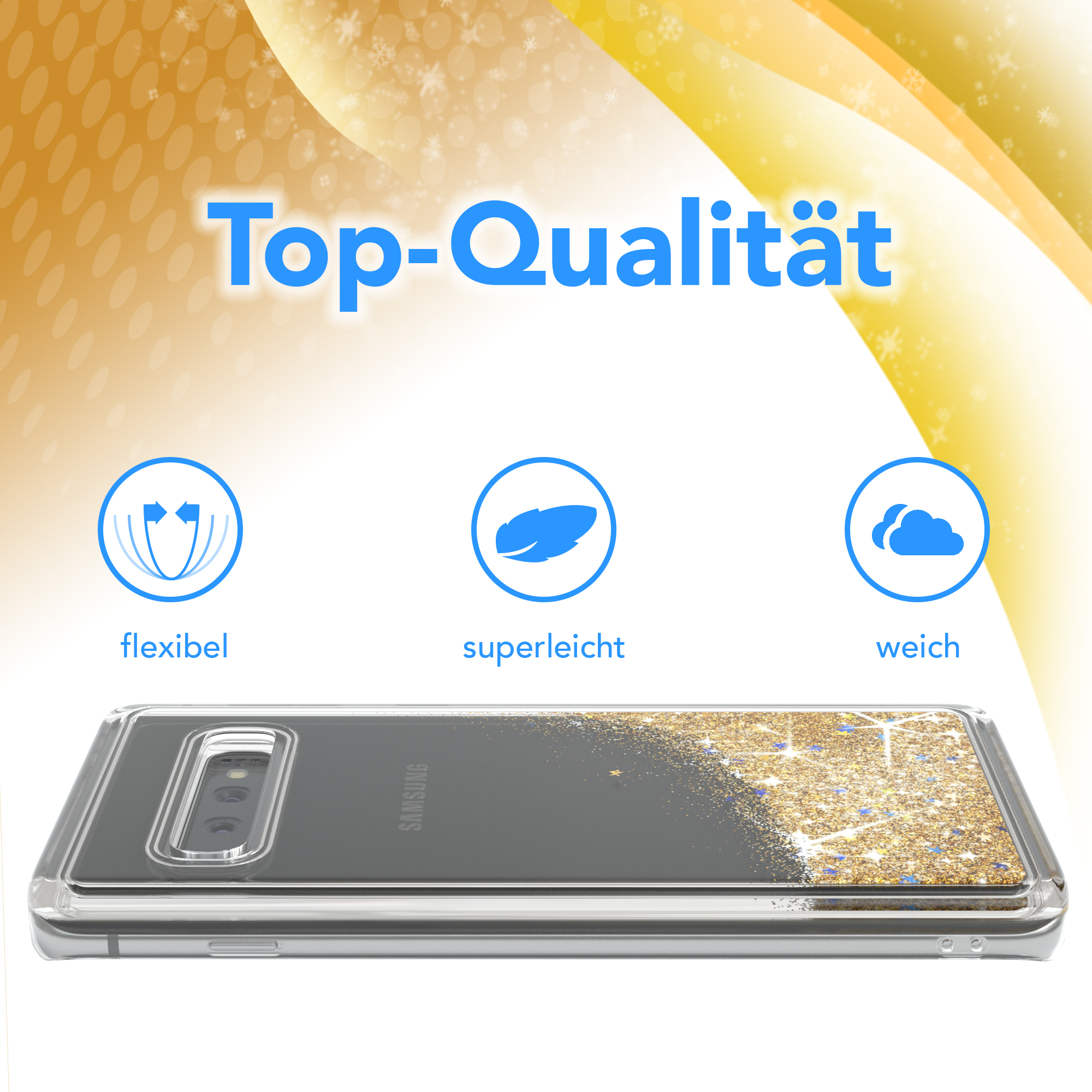 Handyhülle mit Glitzer. Wörter: Top-Qualität, flexibel, superleicht, weich.