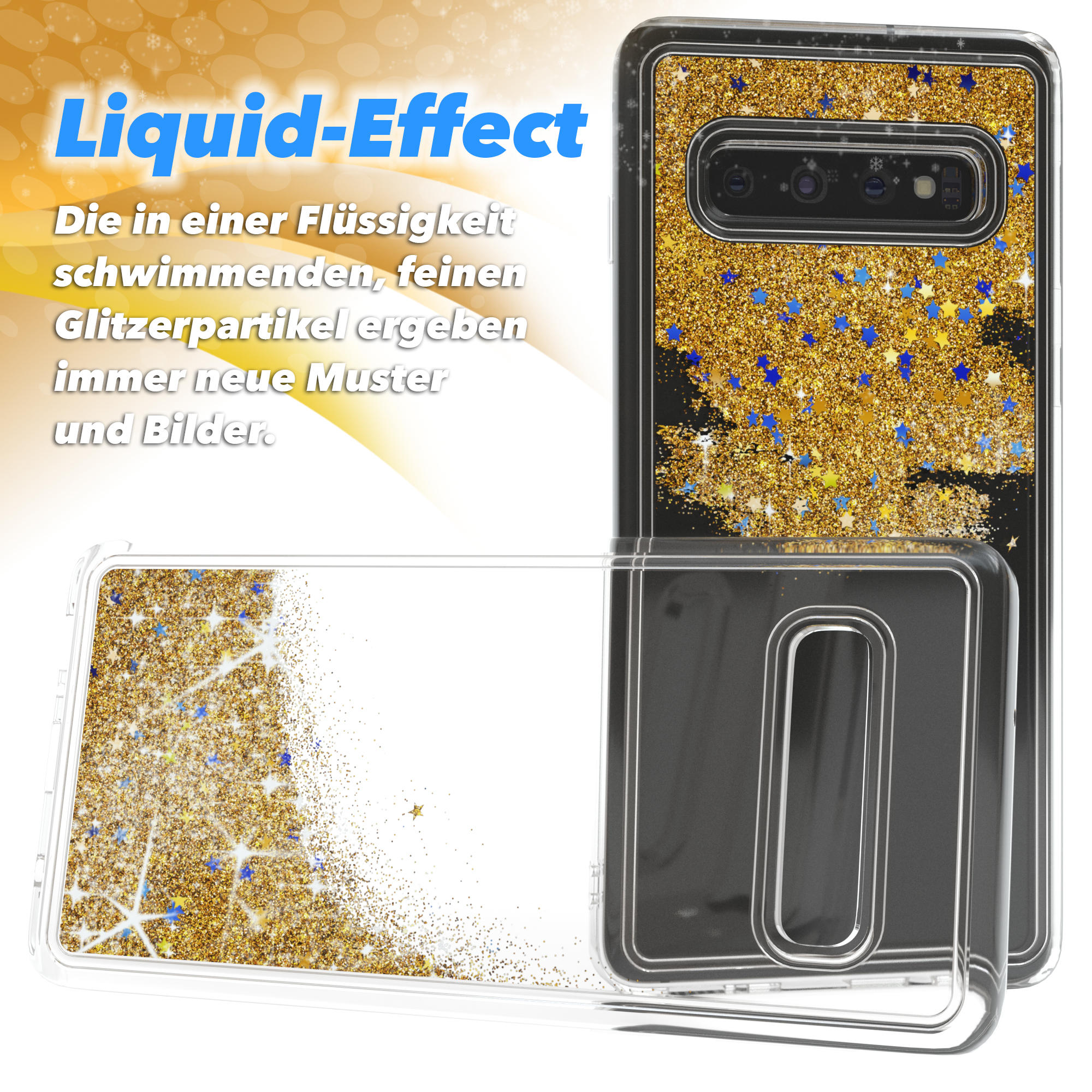 Telefon in einer Hülle mit goldenem Glitzer und Sternen. Das Telefon ist in der Hülle. Weißer Hintergrund.