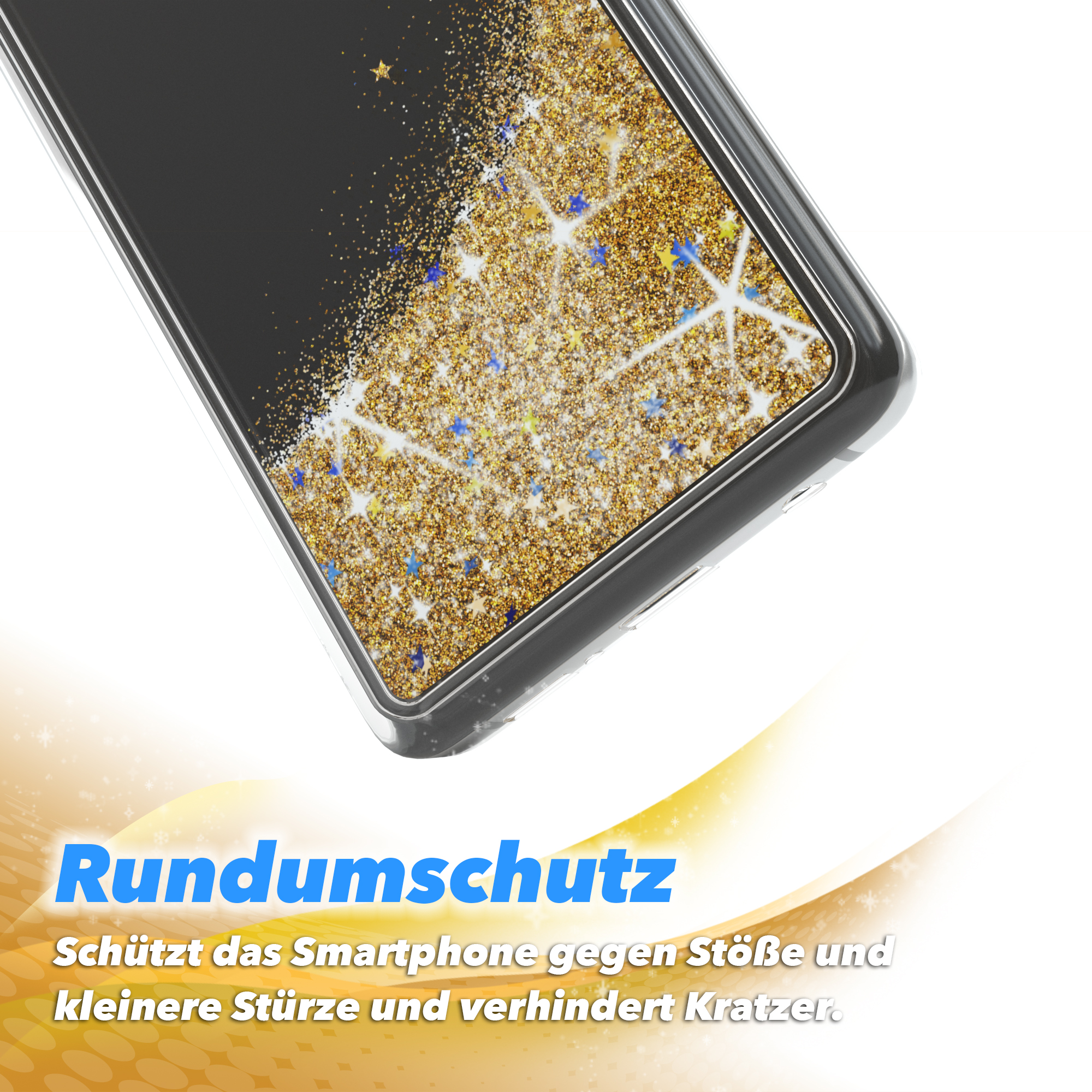 Nahaufnahme der Handyhülle mit goldenem Glitzer. Text: Rundumschutz. Schützt vor Stößen und Kratzern.
