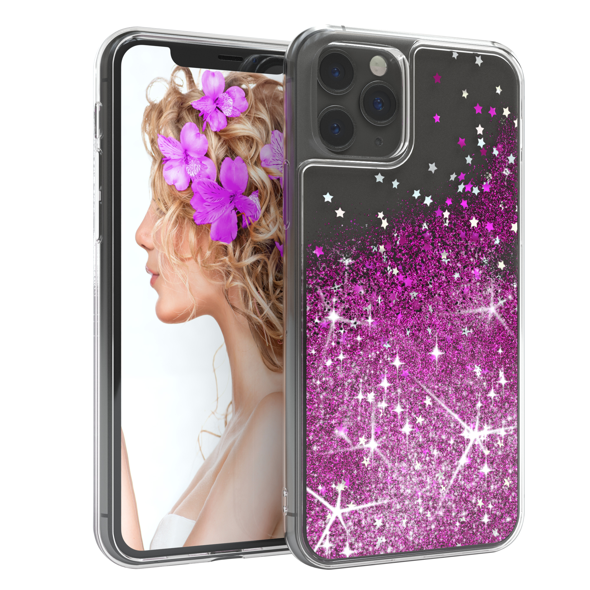 Smartphone in einer Hülle mit rosa Glitzer und Sternen, und eine Frau mit Blumen im Haar.