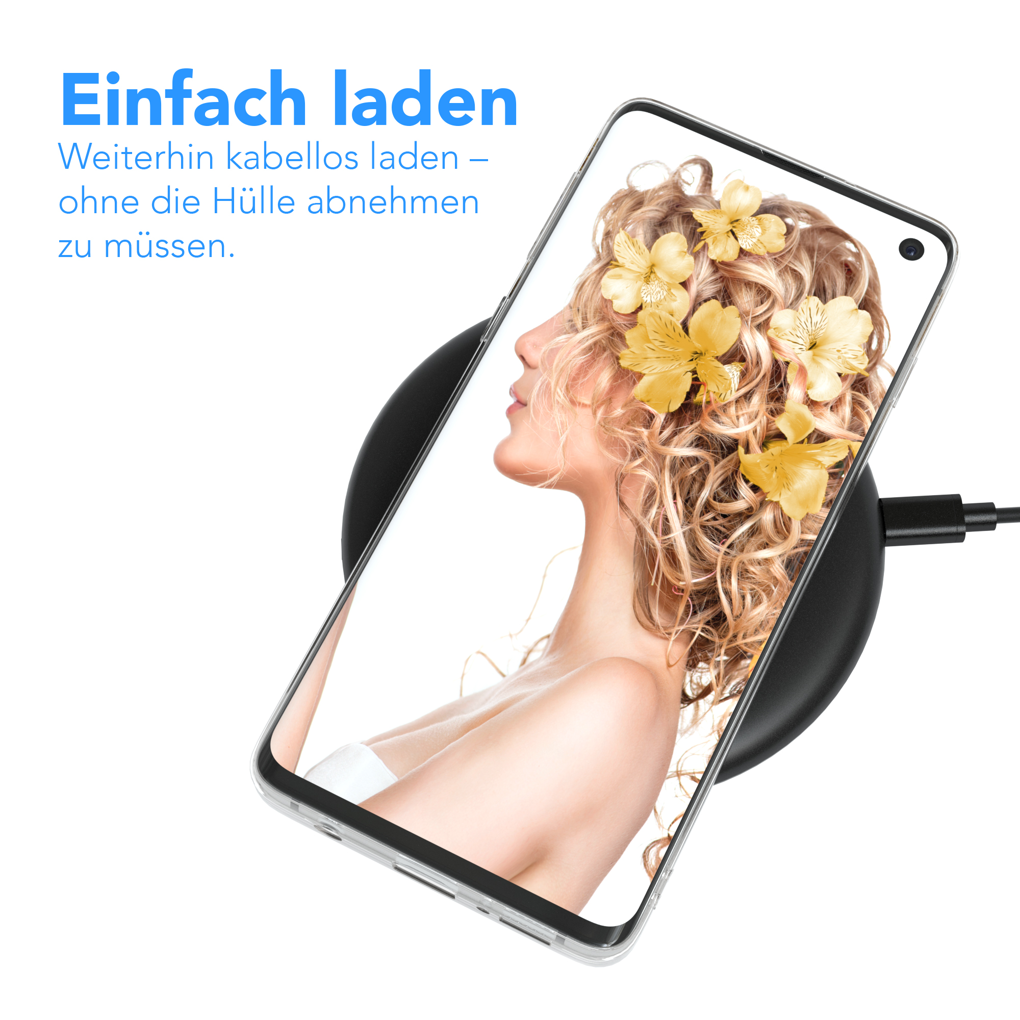 Telefon lädt auf kabellosem Ladegerät. Das Telefon zeigt eine Frau mit Blumen im Haar.