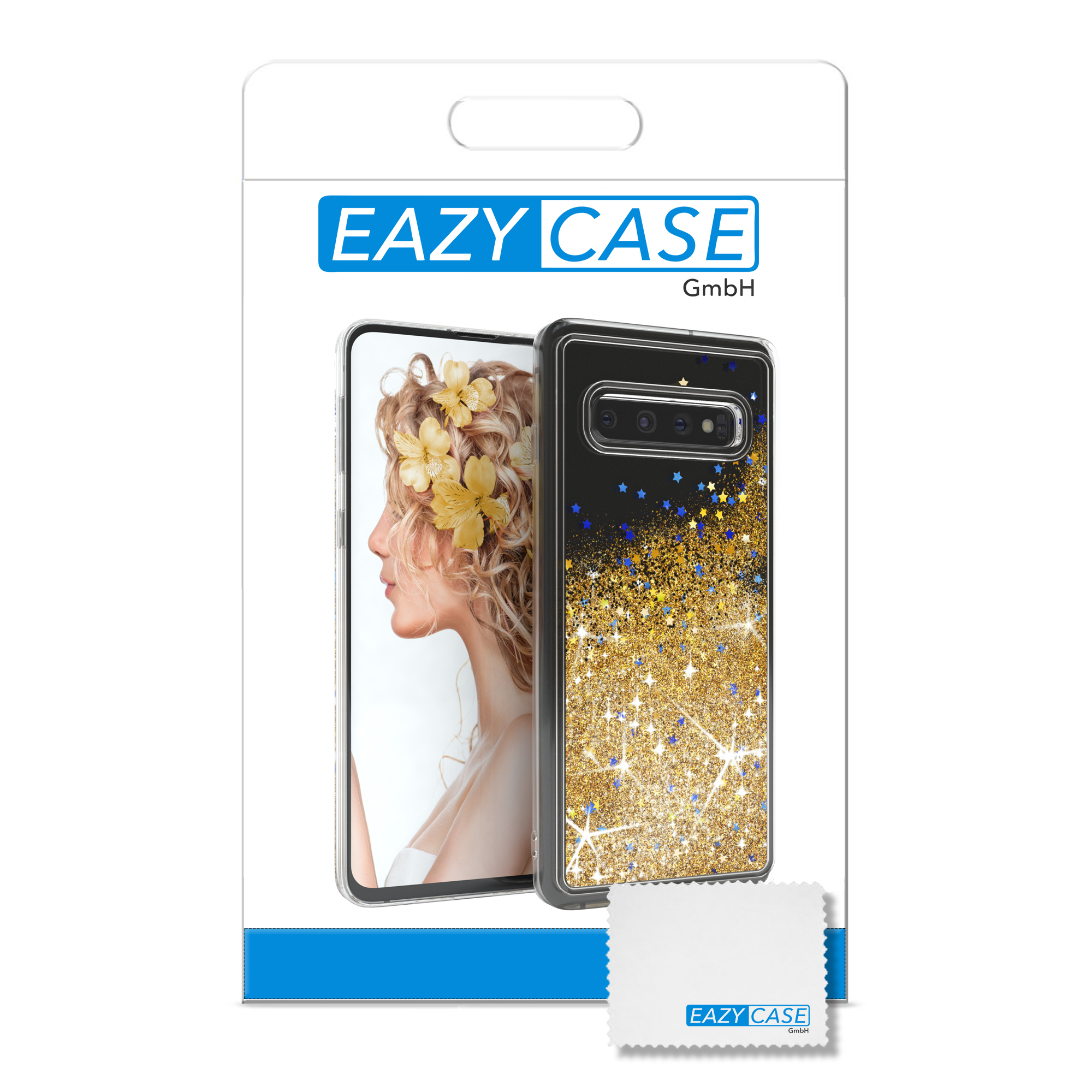 Eine Handyhülle mit goldenem Design, auf weißem Hintergrund mit einem Reinigungstuch.