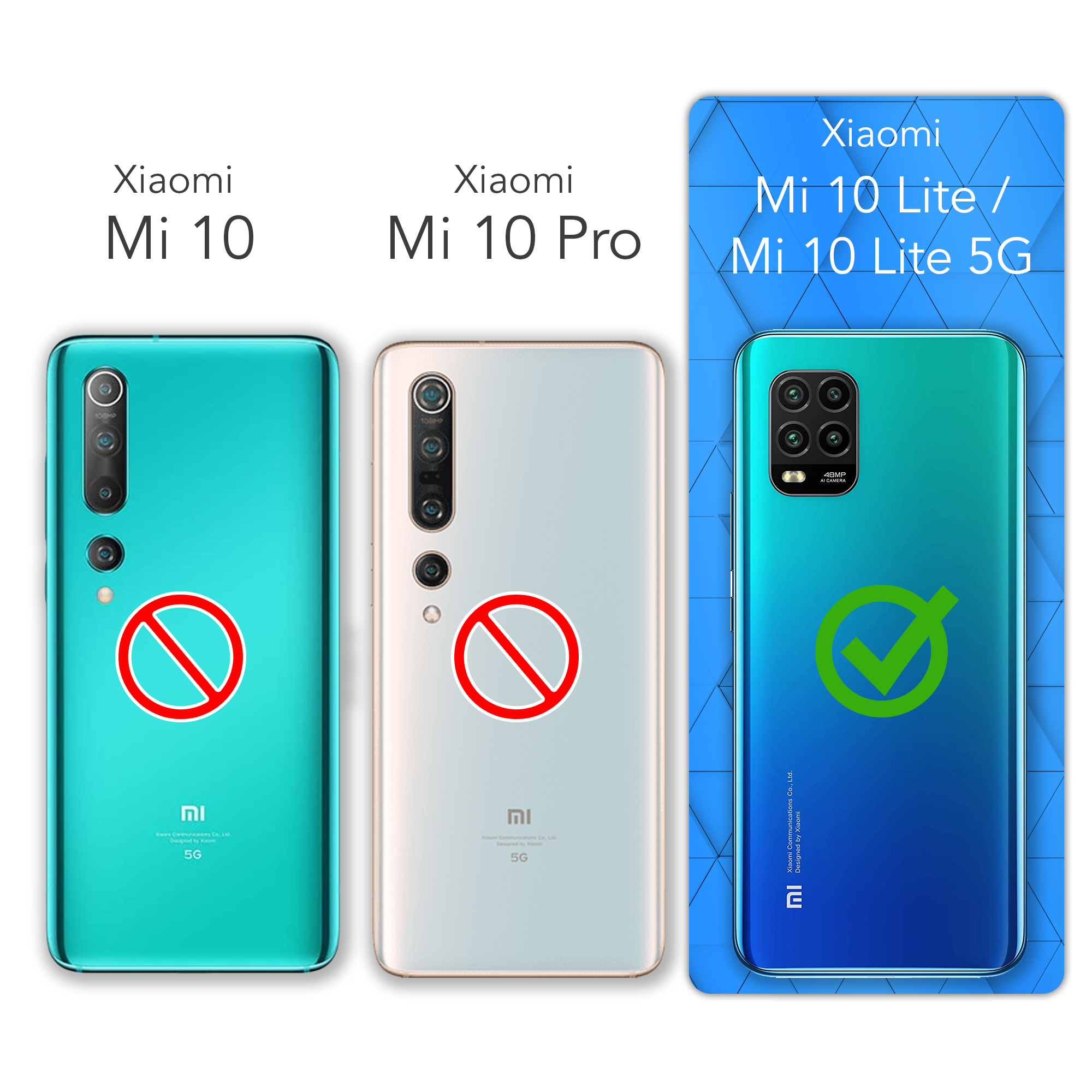 Drei Smartphones. Zwei haben kein Zutrittszeichen, eines hat ein Häkchen. Xiaomi Mi 10, Mi 10 Pro und Mi 10 Lite.
