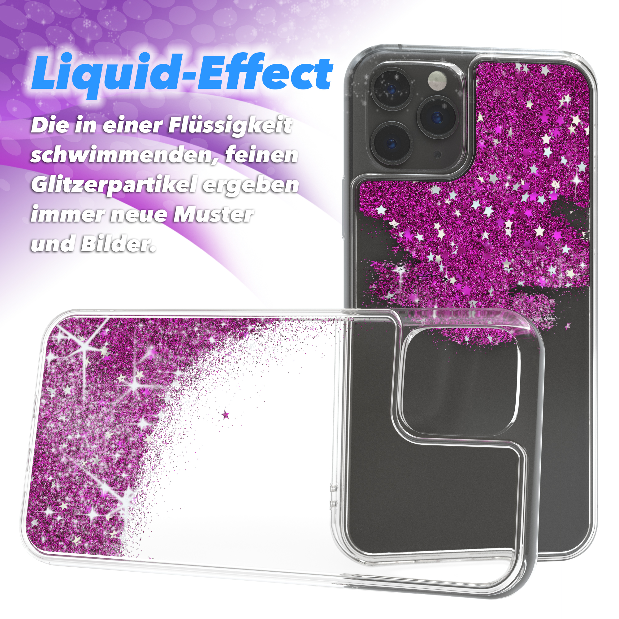 Zwei transparente Handyhüllen mit rosa Glitzer und Sternen. Sie haben einen Flüssigkeitseffekt. Der Hintergrund ist weiß und lila.