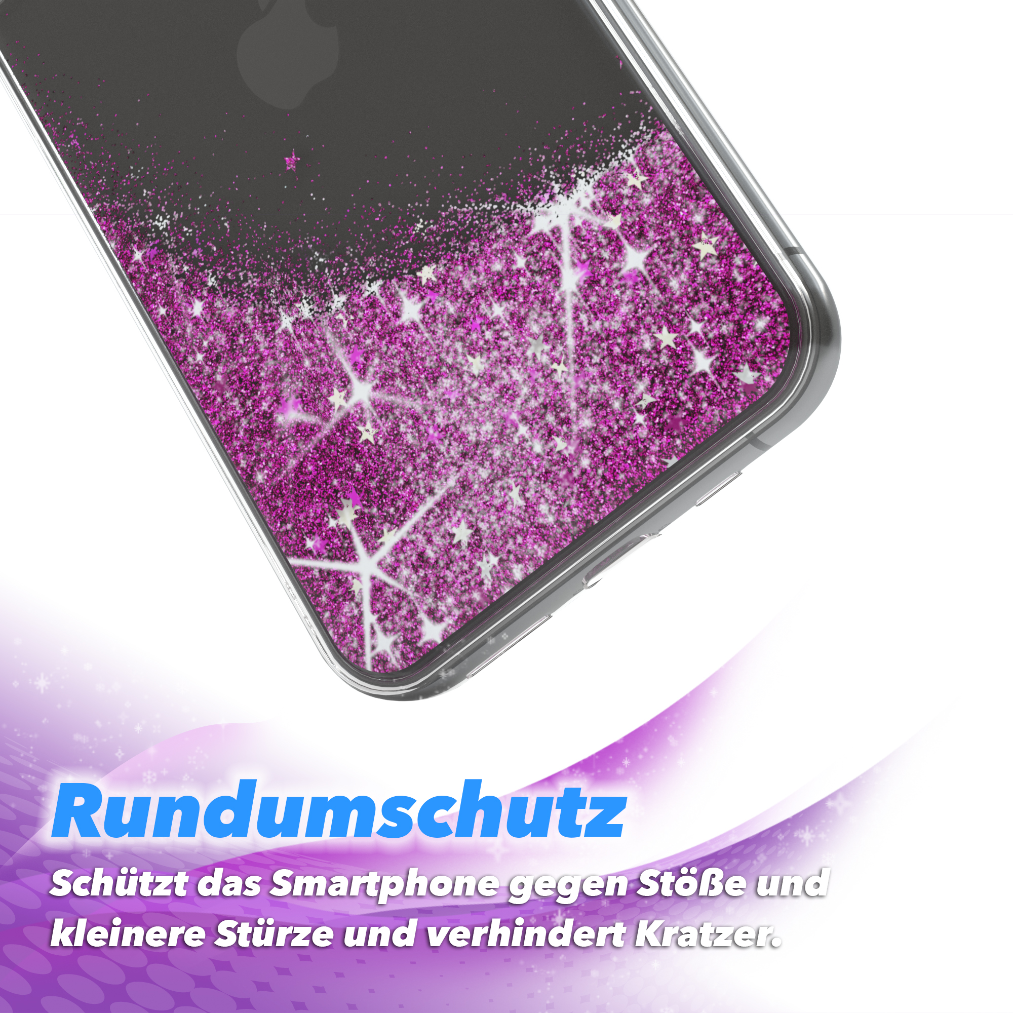 Handyhülle mit Glitzer und Sternen. Lila Glitzer und weiße Sterne in einer Hülle, mit klarem Rand.