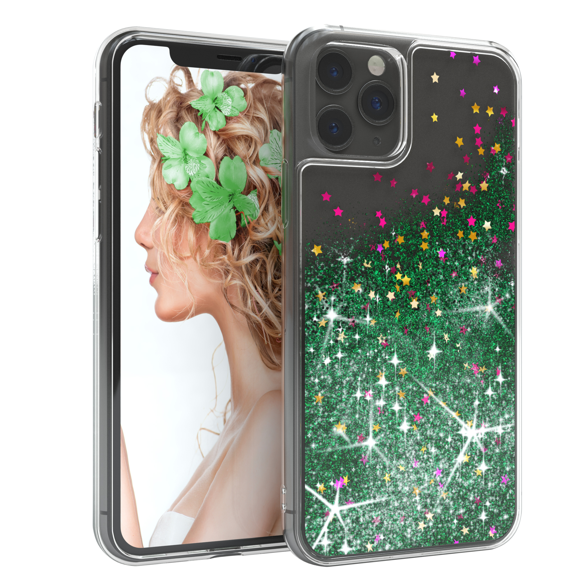 Telefon mit Glitzerhülle. Grüner, rosa und goldener Glitzer, silberne Sterne, Model.