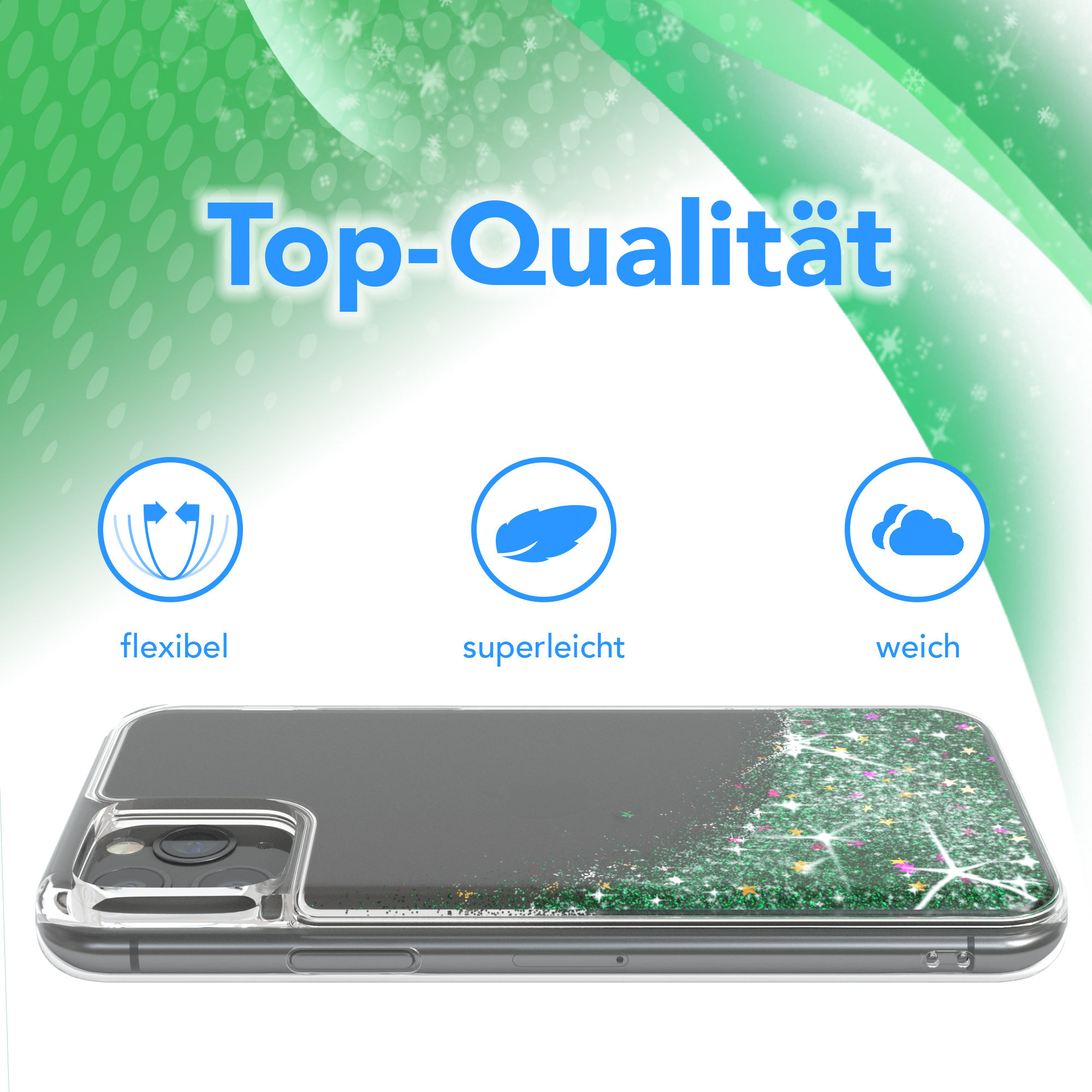 Transparente Handyhülle mit grünem Glitzerdesign, drei Icons und deutschem Text.