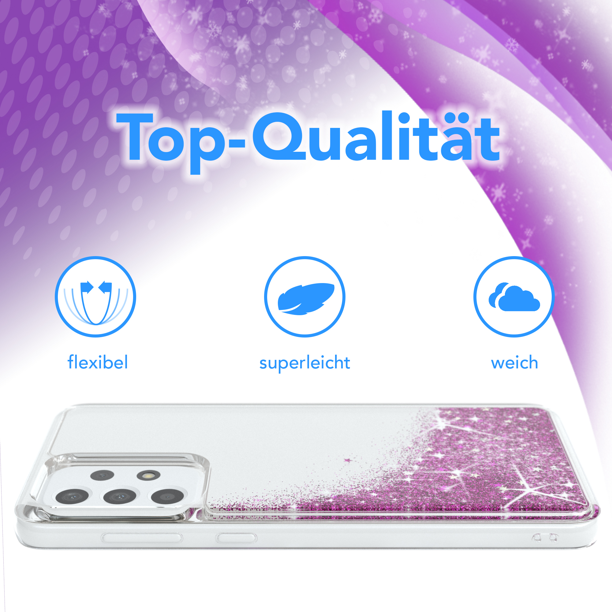 Handyhülle mit pinkem Glitzer-Design und Text 'Top-Qualität'.
