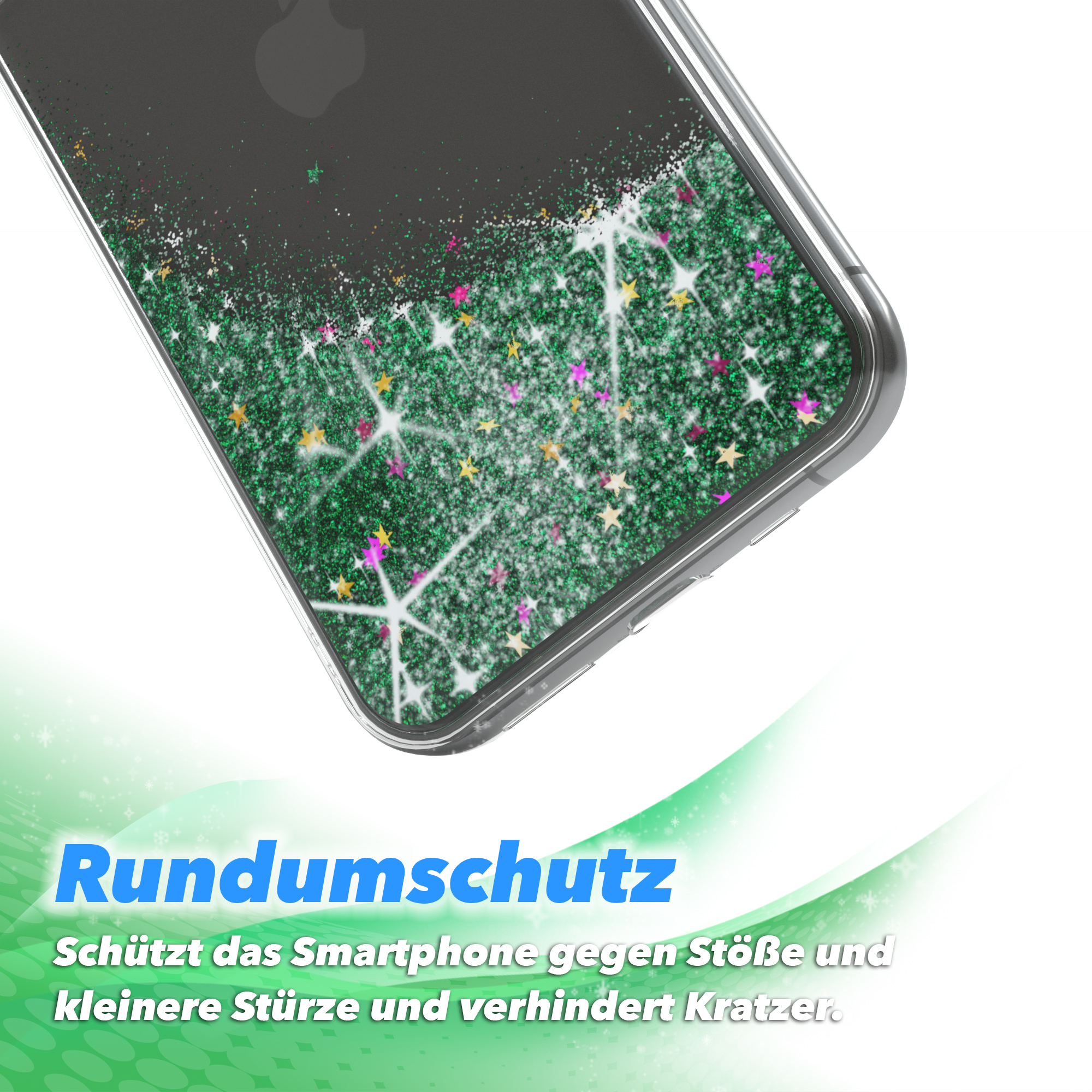 Transparente Handyhülle mit grünem Glitzer und Sternen. Deutscher Text.