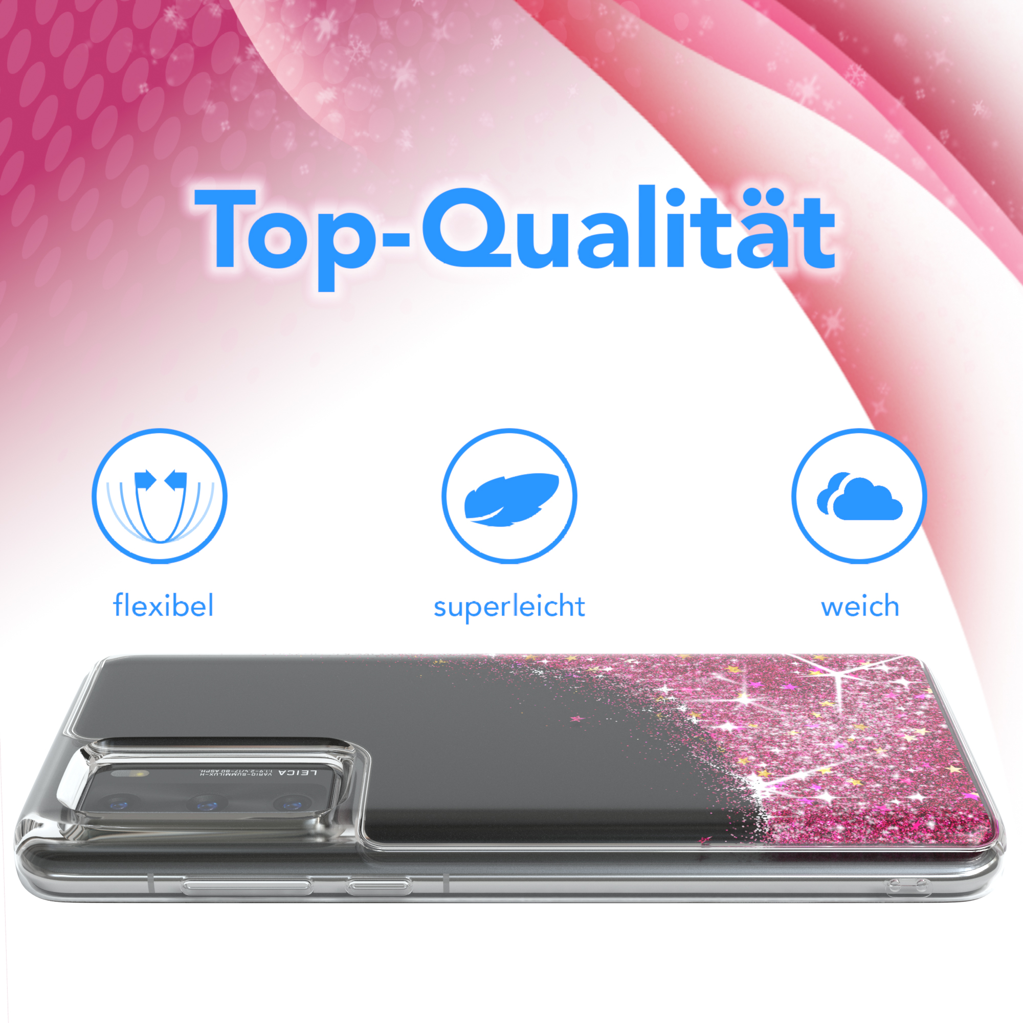 Handyhülle mit pinkfarbenem Glitzer. Die Hülle liegt auf weißem Untergrund. Das Telefon ist schwarz.