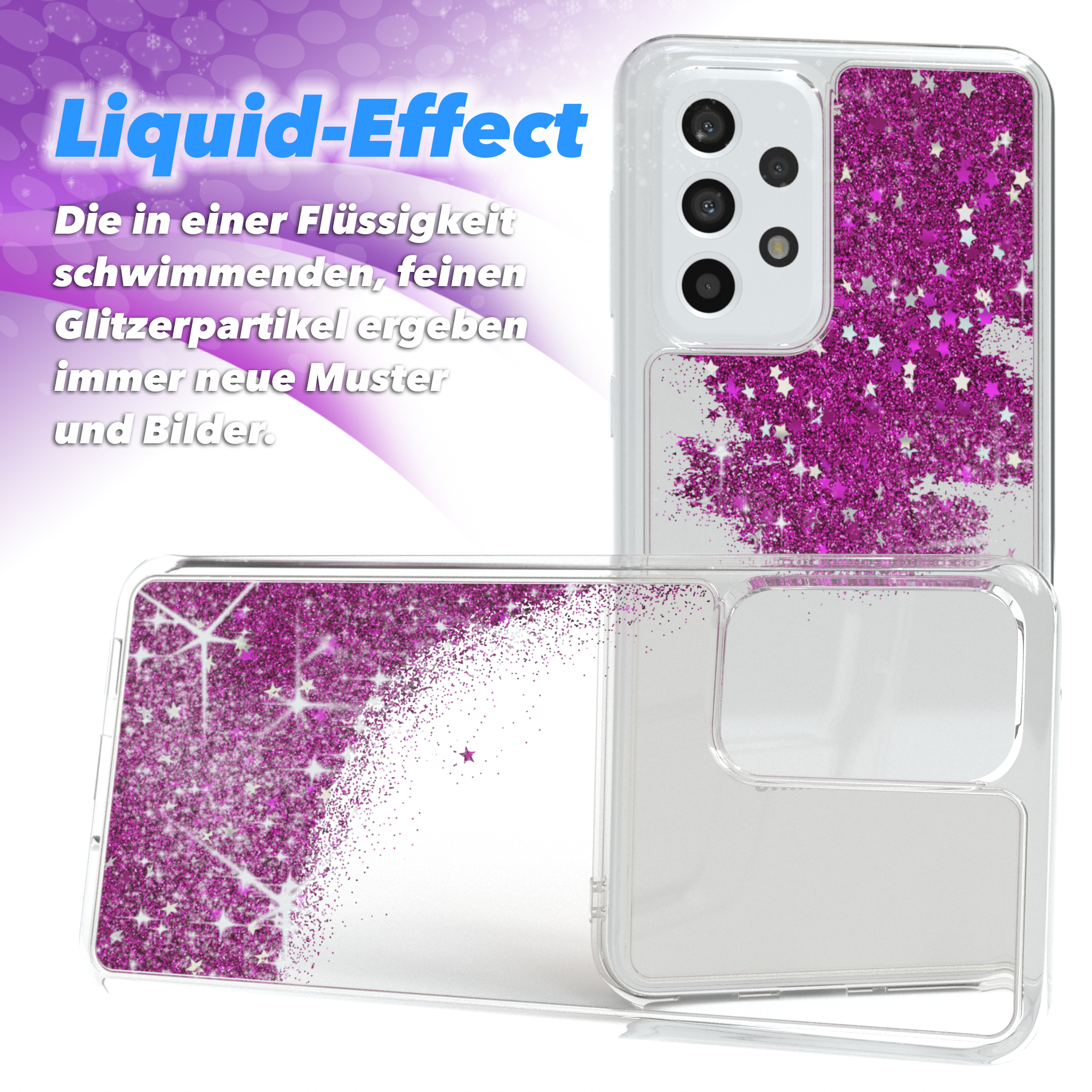 Handyhülle mit pinkem Glitzer-Flüssigkeitseffekt. Transparenter Kunststoff mit sternförmigem Glitzer.