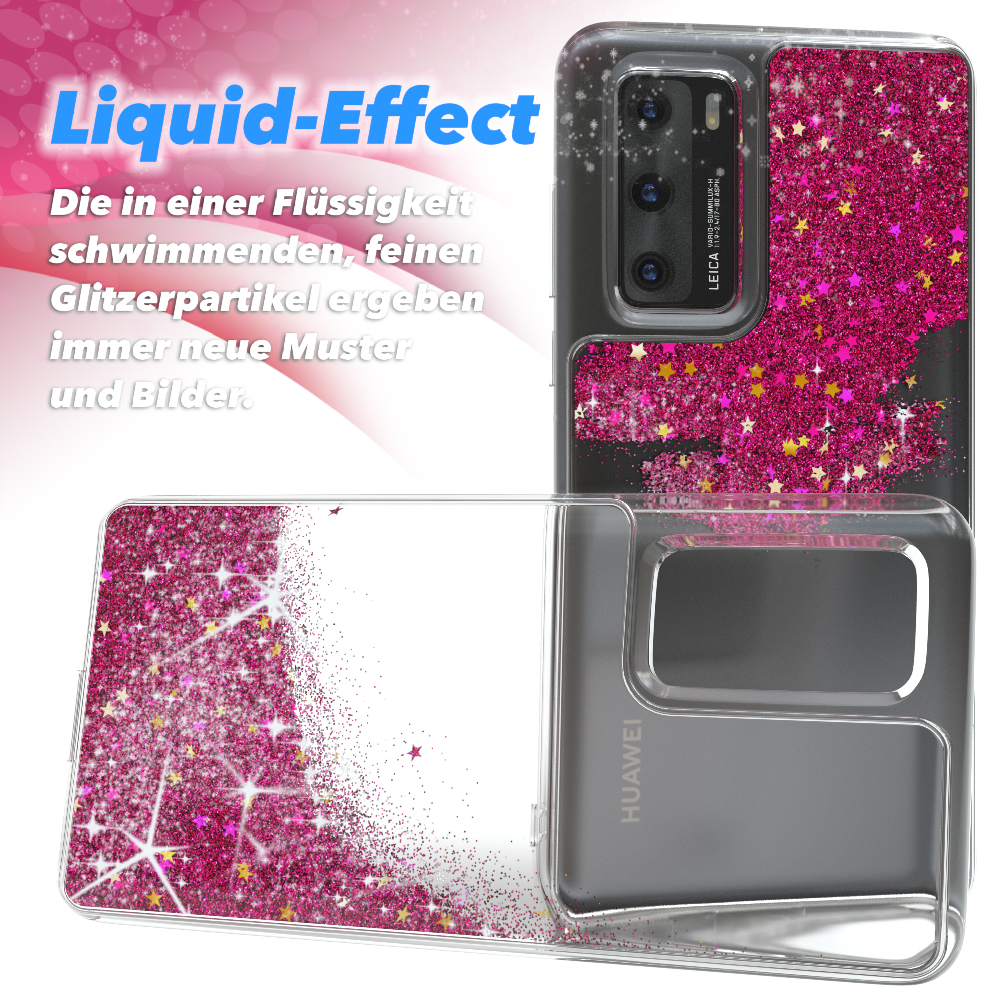 Transparente Handyhülle mit pinkfarbenem Glitzer und Sternen. Text Liquid-Effect im Hintergrund.