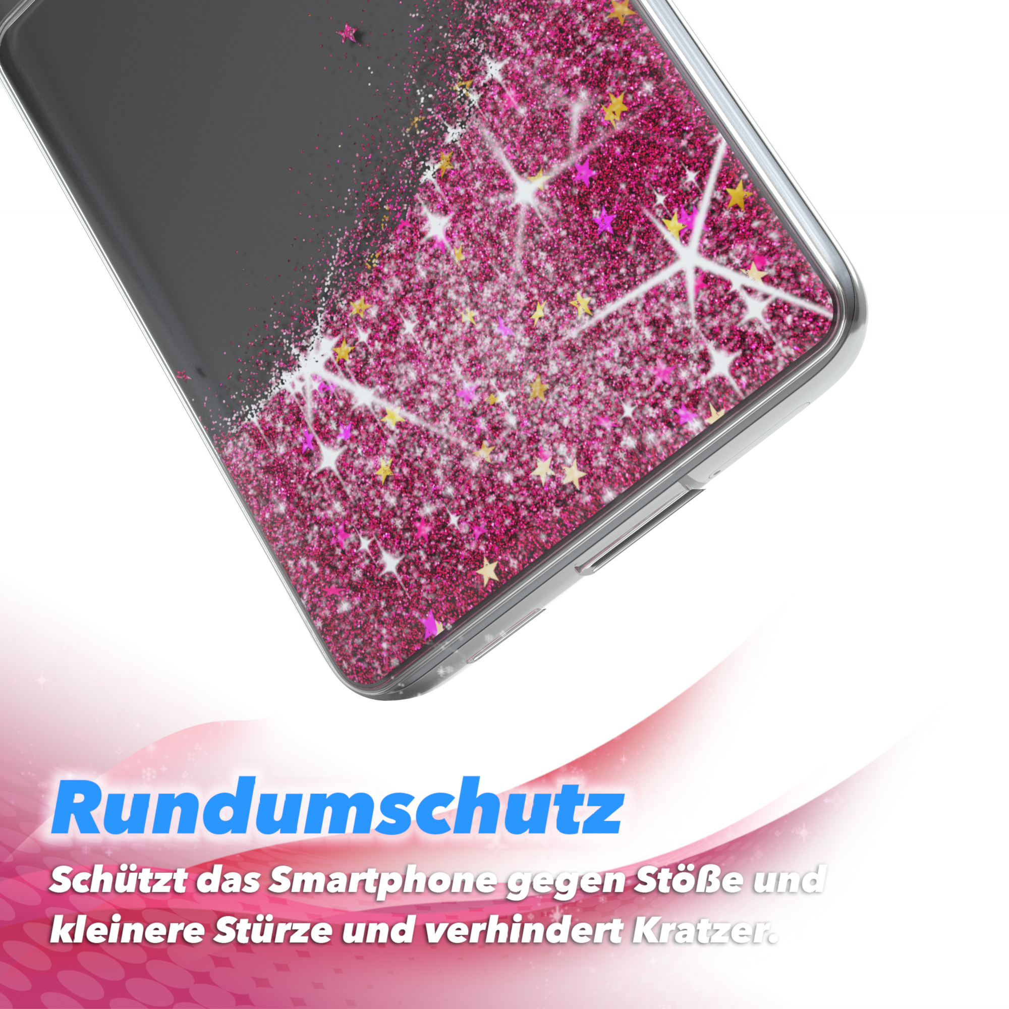 Smartphone-Hülle mit pinkfarbenem Glitzerdesign, schwarzem Oberteil und weißem Boden.