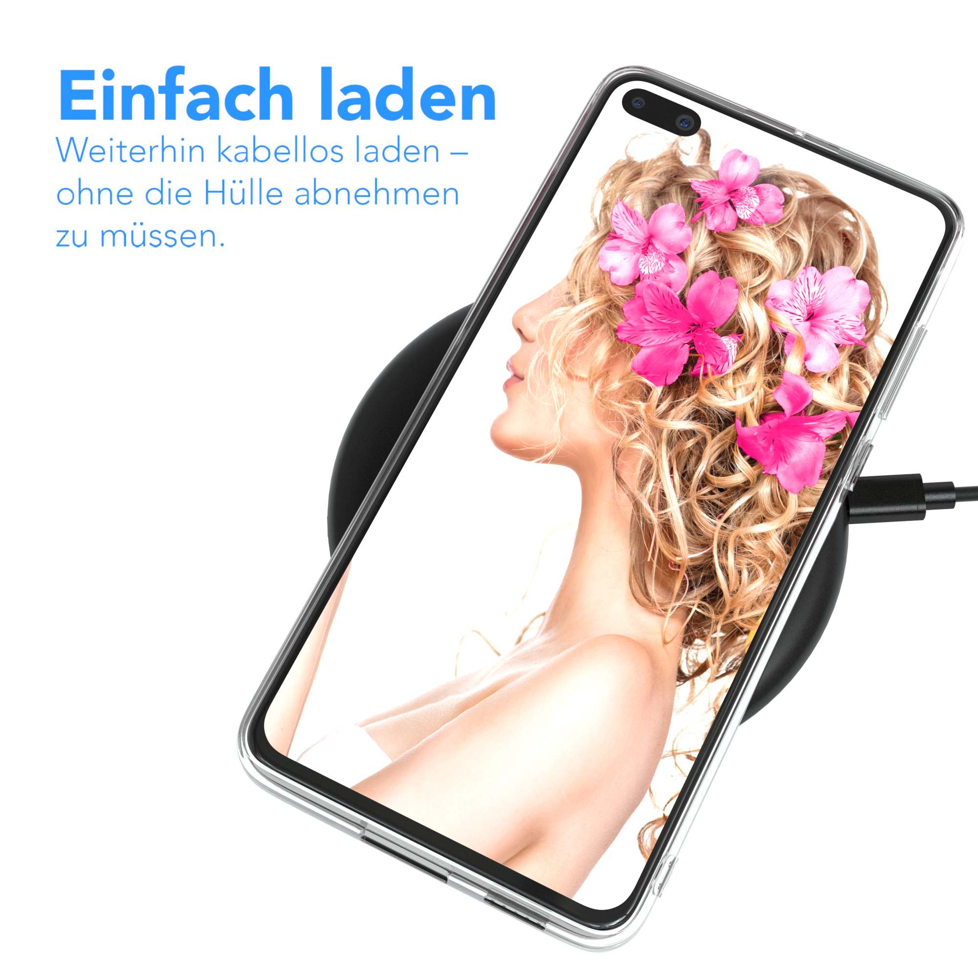 Ein Telefon auf einem kabellosen Ladegerät, mit dem Gesicht einer Frau auf dem Bildschirm.