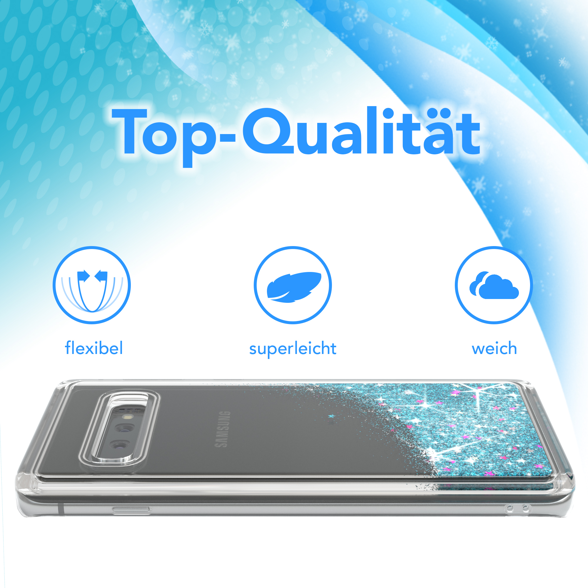 Transparente Handyhülle mit Glitzer. Telefon innen, Hülle hat blaues Glitzerdesign. Weißer Hintergrund.