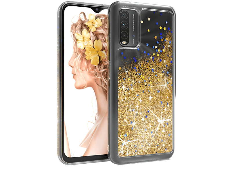 EAZY CASE Glitzerhülle Flüssig, Backcover, Xiaomi, Redmi 9T, Gold