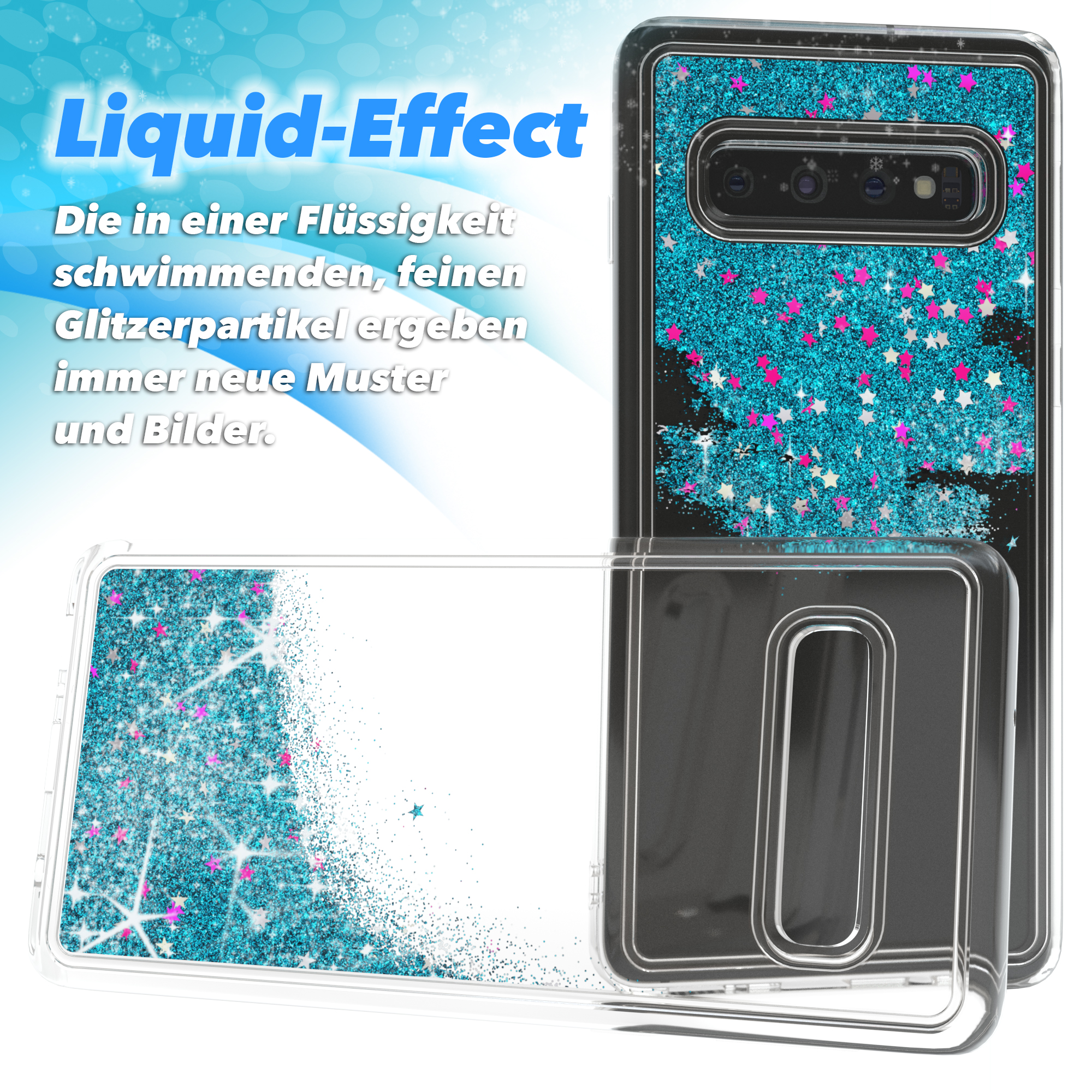Transparente Handyhülle mit blauem Glitzer. Die Hülle ist offen und zeigt ein Telefon.