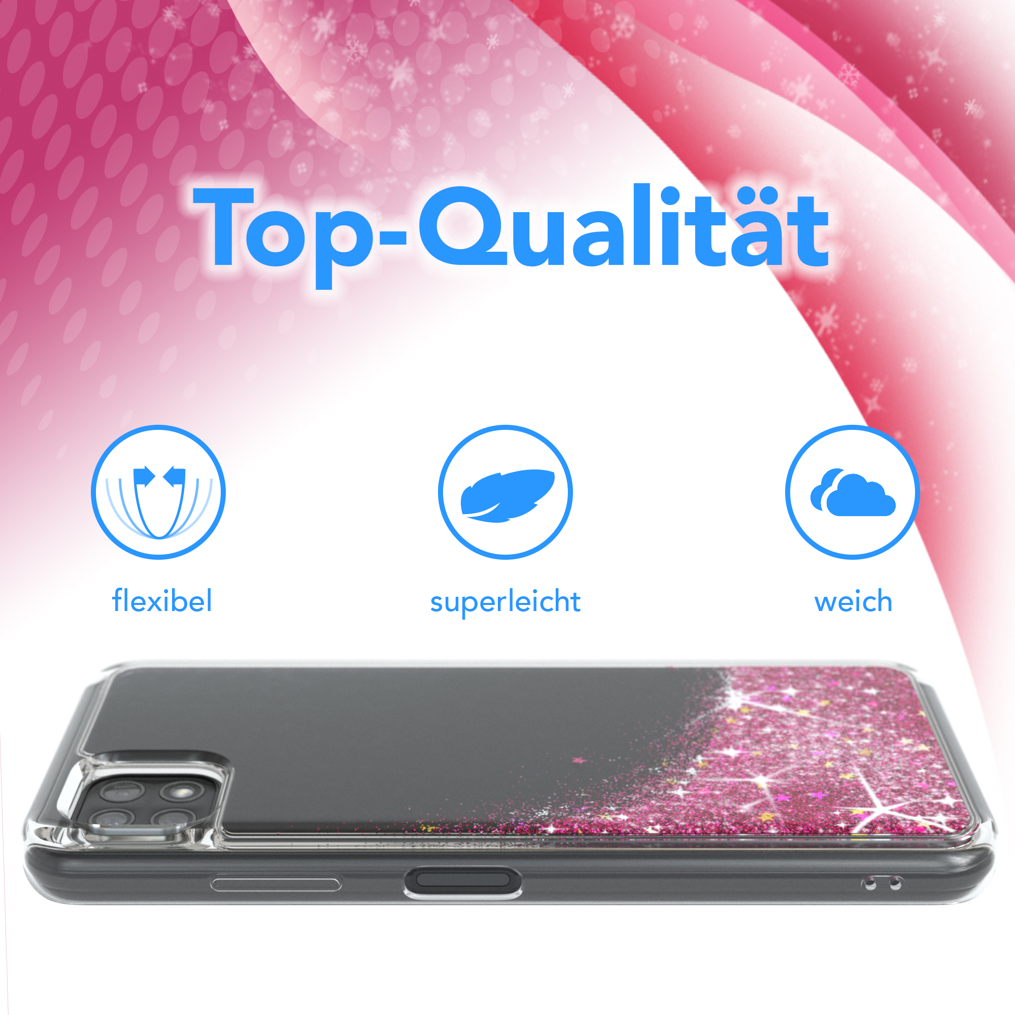 Handyhülle mit Glitzer. Text: Top-Qualität, flexibel, superleicht, weich.