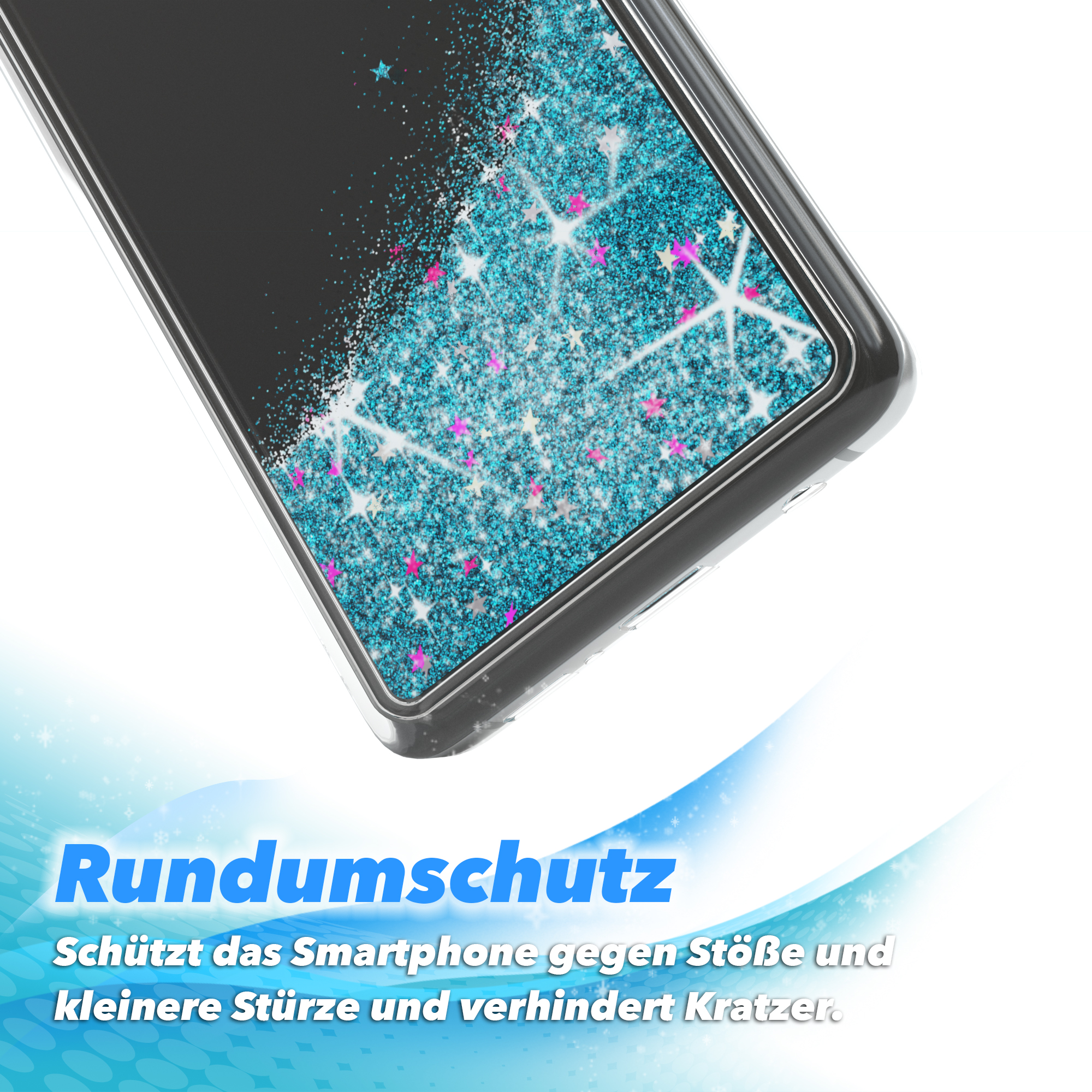 Nahaufnahme einer Handyhülle mit blauem Glitzer und Sternen. Text: 'Rundumschutz', schützt vor Stößen und Kratzern.