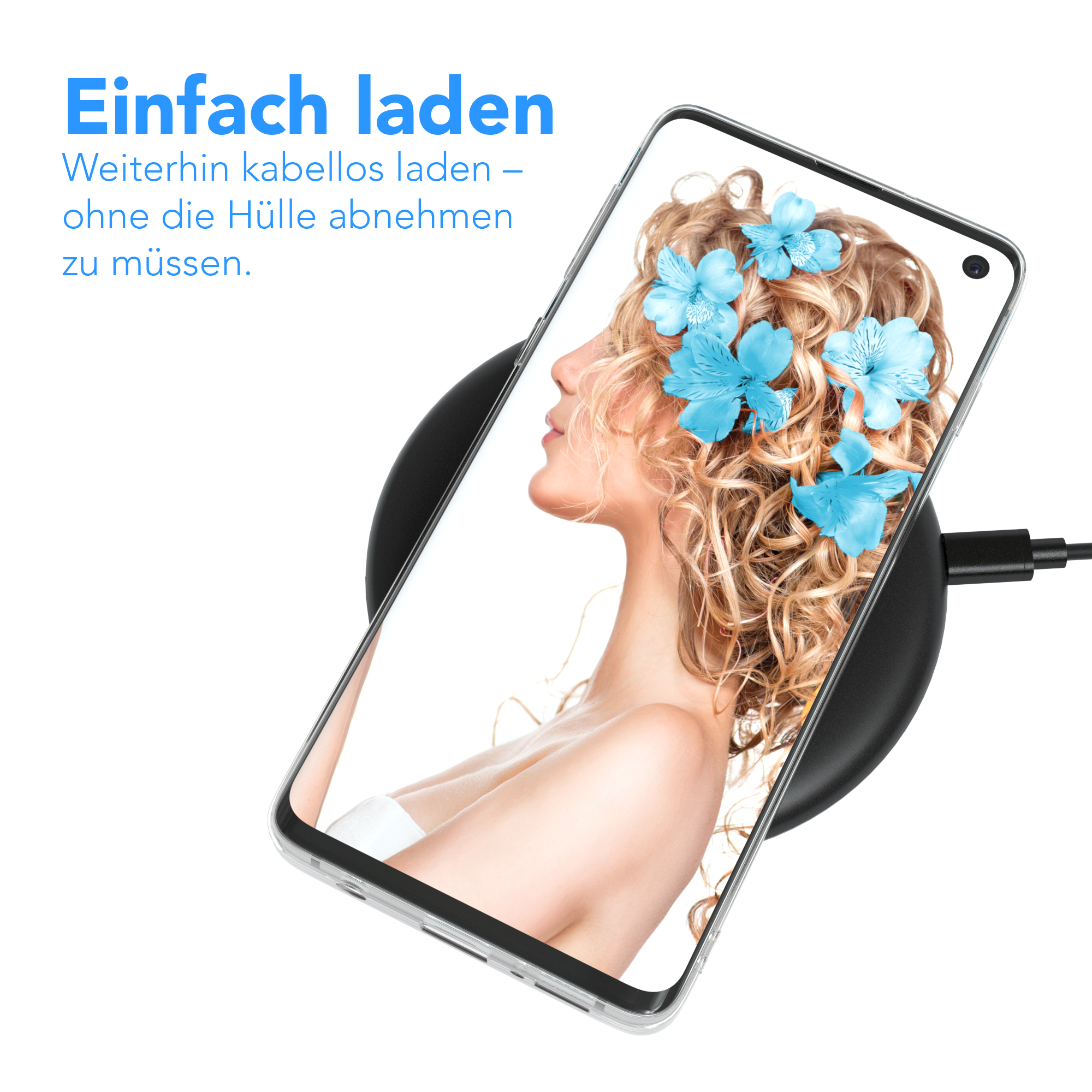 Telefon auf kabellosem Ladegerät, zeigt Frauengesicht mit Blumen auf weißem Grund.