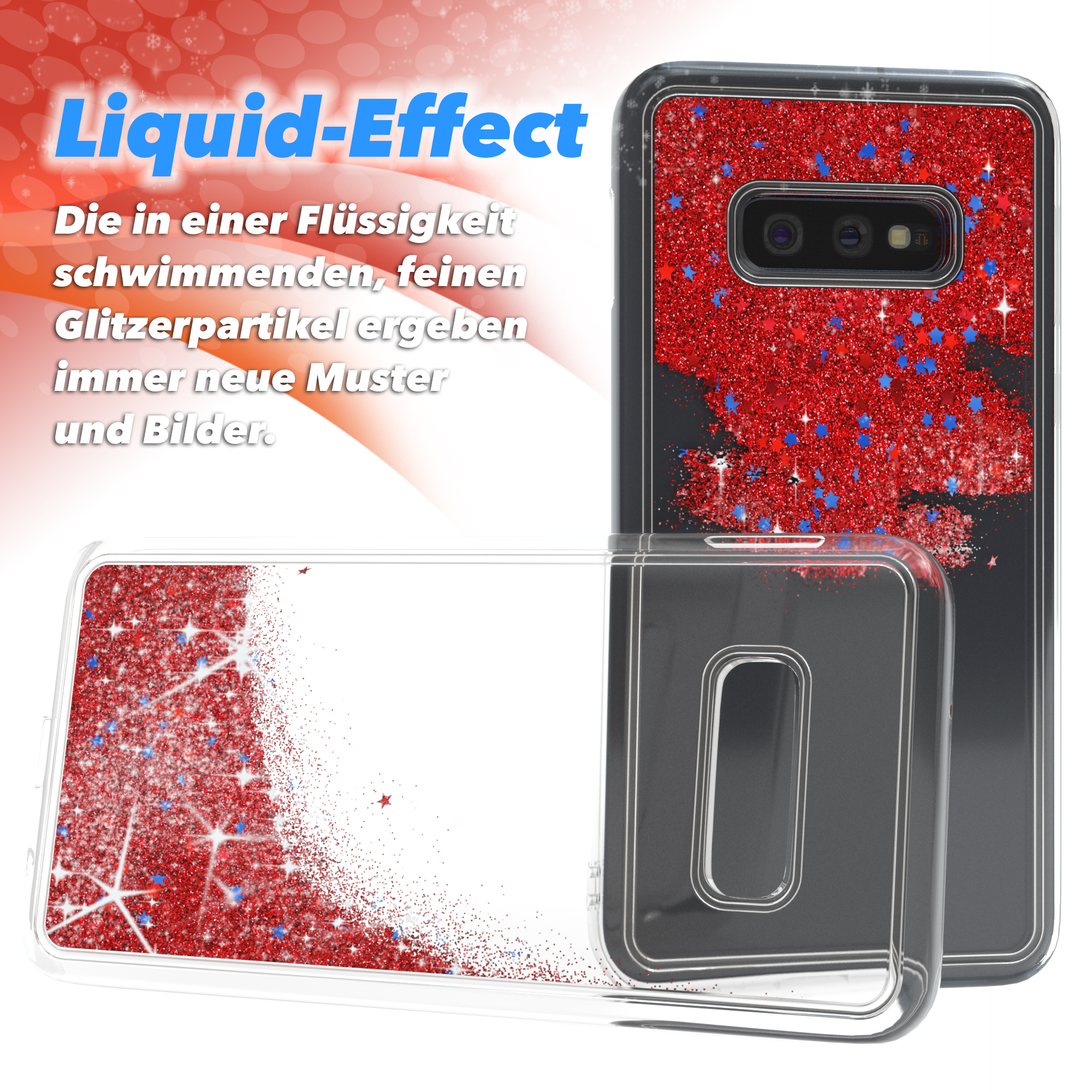 Handyhülle mit rotem Glitzereffekt. Die Hülle ist klar und roter Glitzer mit blauen Sternen.