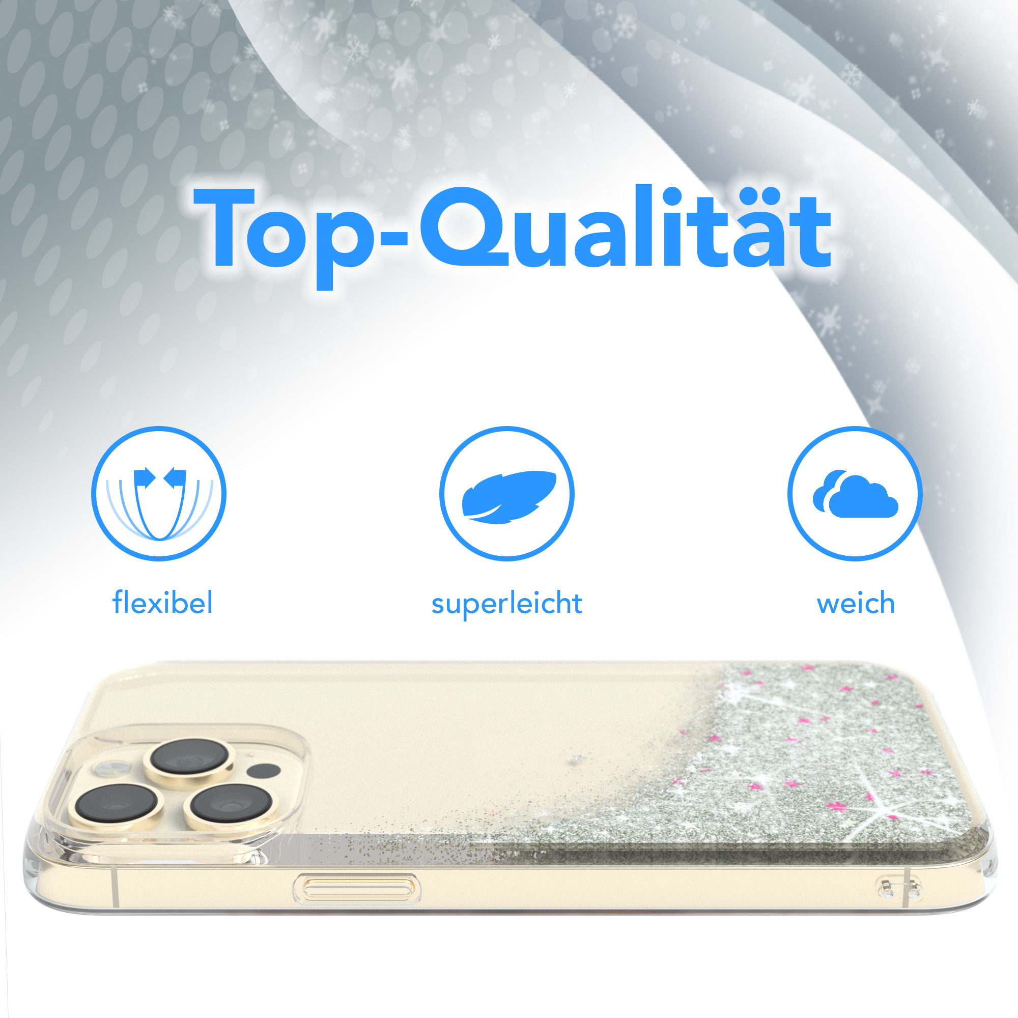 Handyhülle mit Glitzerdesign. Die Hülle ist transparent, der Glitzer ist weiß, auf hellem Hintergrund.