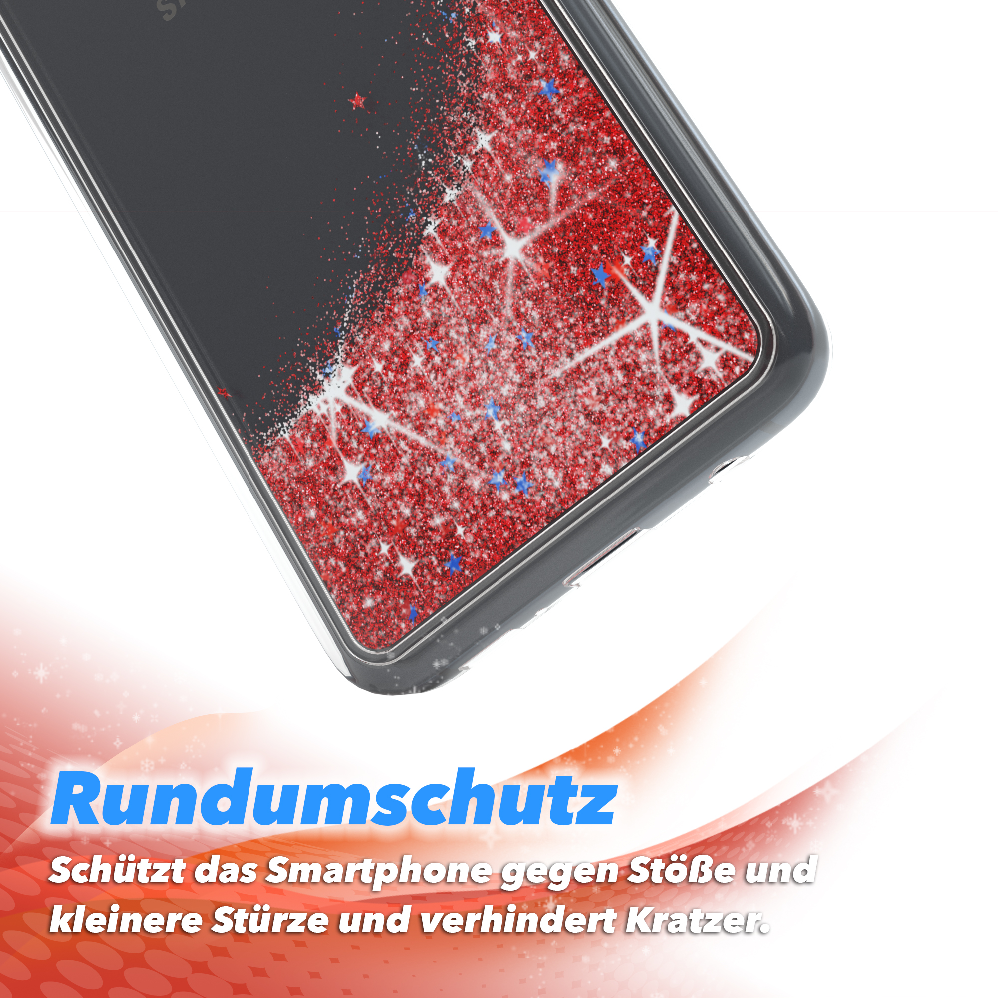 Transparente Handyhülle mit rotem Glitzer und Sternen. Text auf Deutsch: Rundumschutz, schützt vor Stößen.
