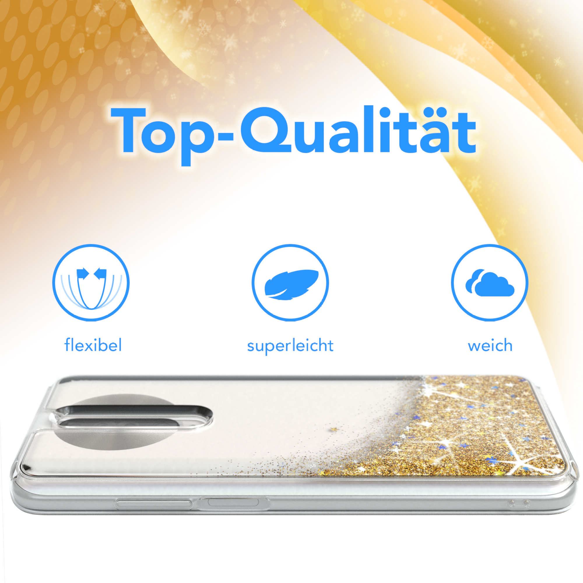 Eine Handyhülle mit goldenem Glitzer. Text lautet 'Top-Qualität' und Symbole für flexibel, superleicht und weich.