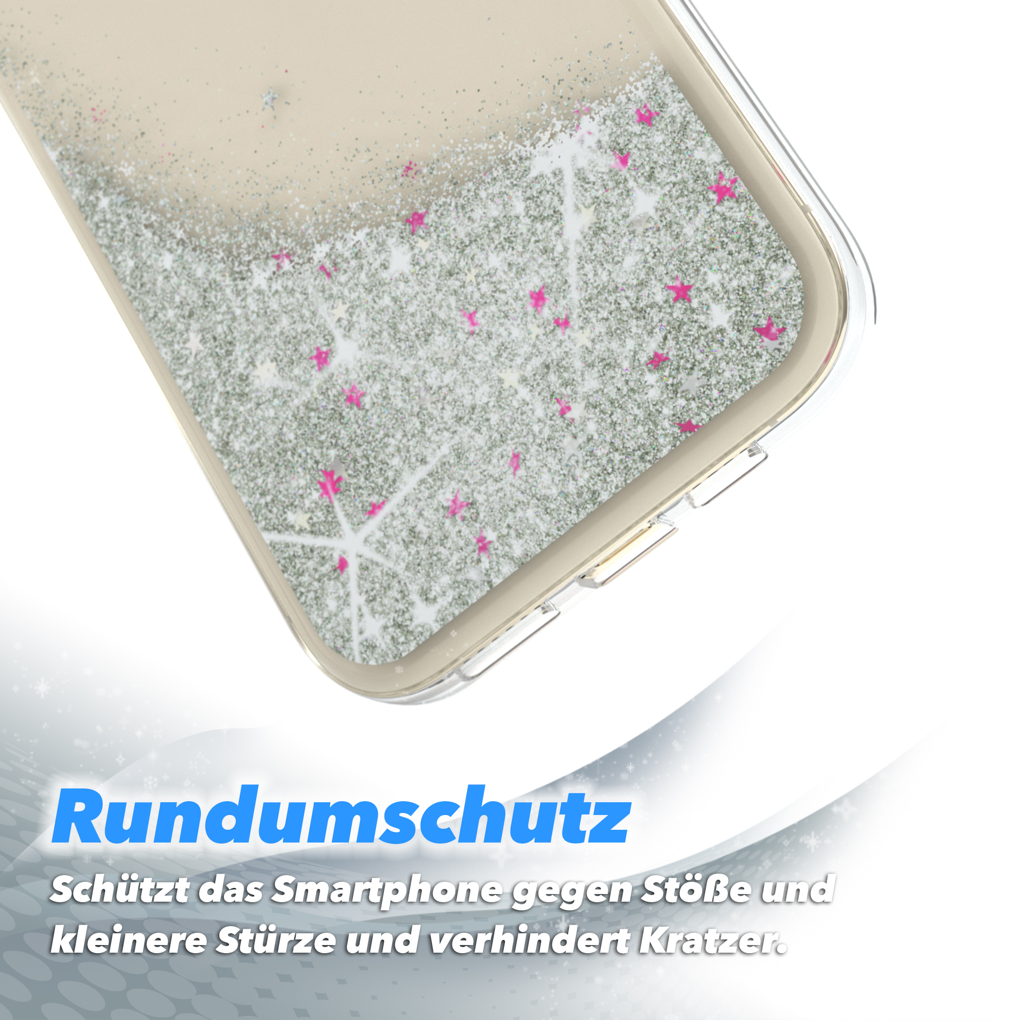Detail der Handyhülle mit Glitzer und rosa Sterndesign, Nahaufnahme.