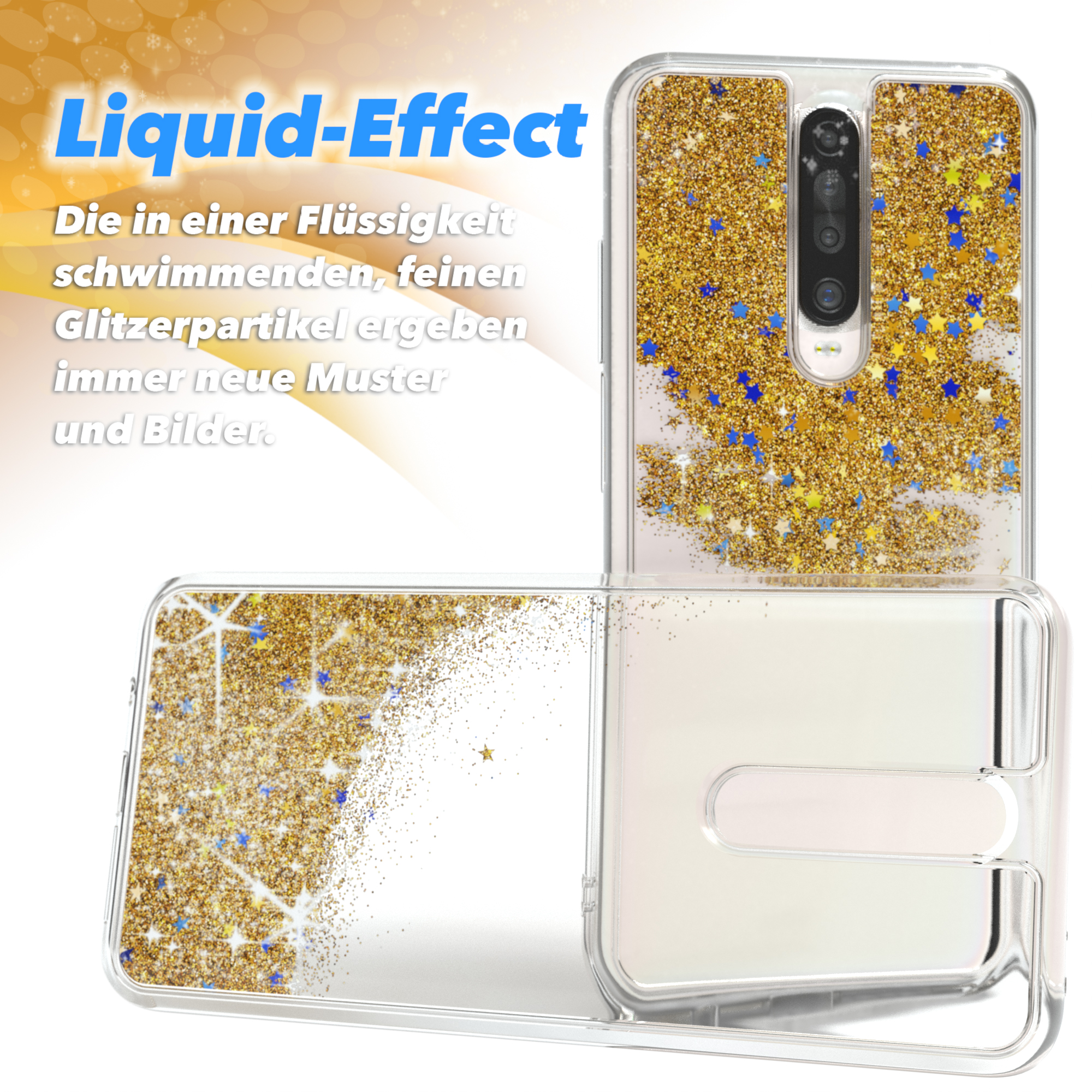 Handyhülle mit Flüssigkeit und Goldglitter. Die Hülle ist geöffnet, um den Inhalt zu zeigen.