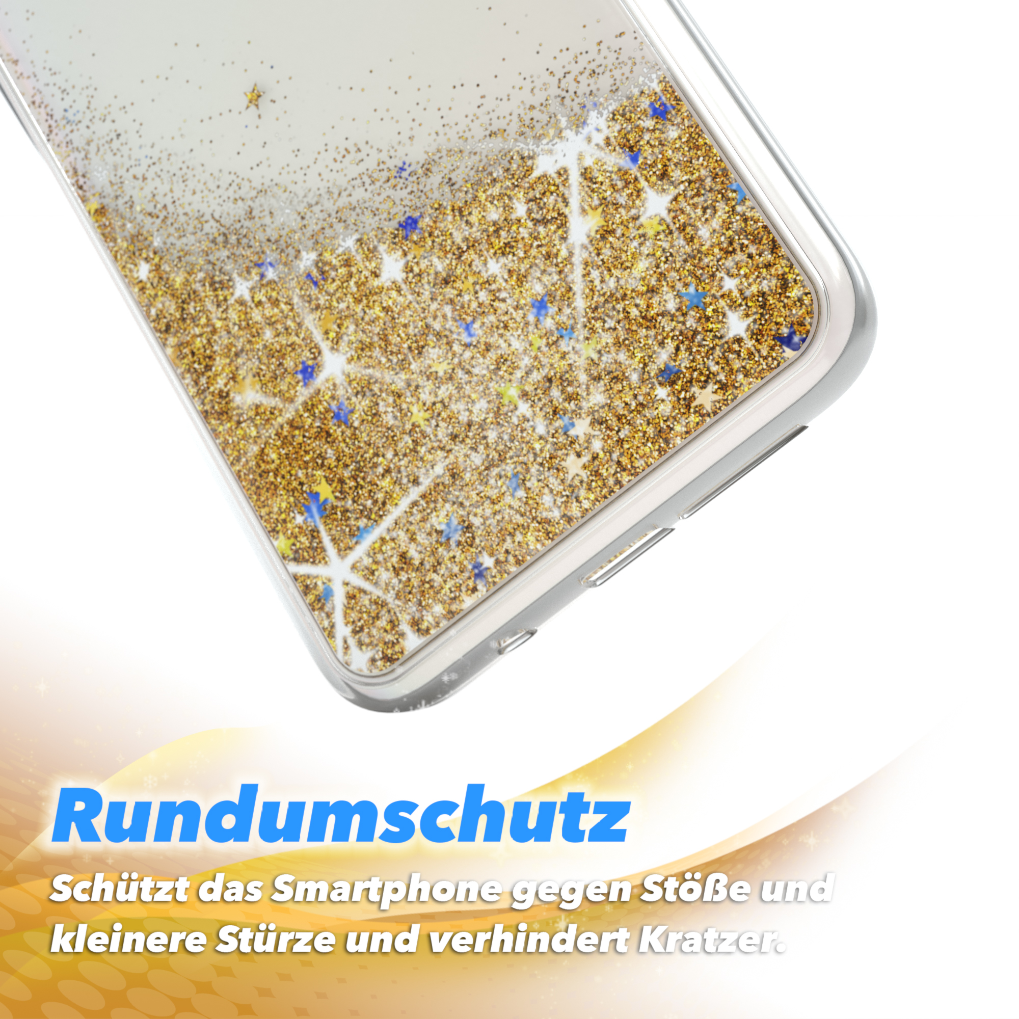Handyhülle mit goldenem Glitzer und Sternen. Die Hülle sagt 'Rundumschutz'.