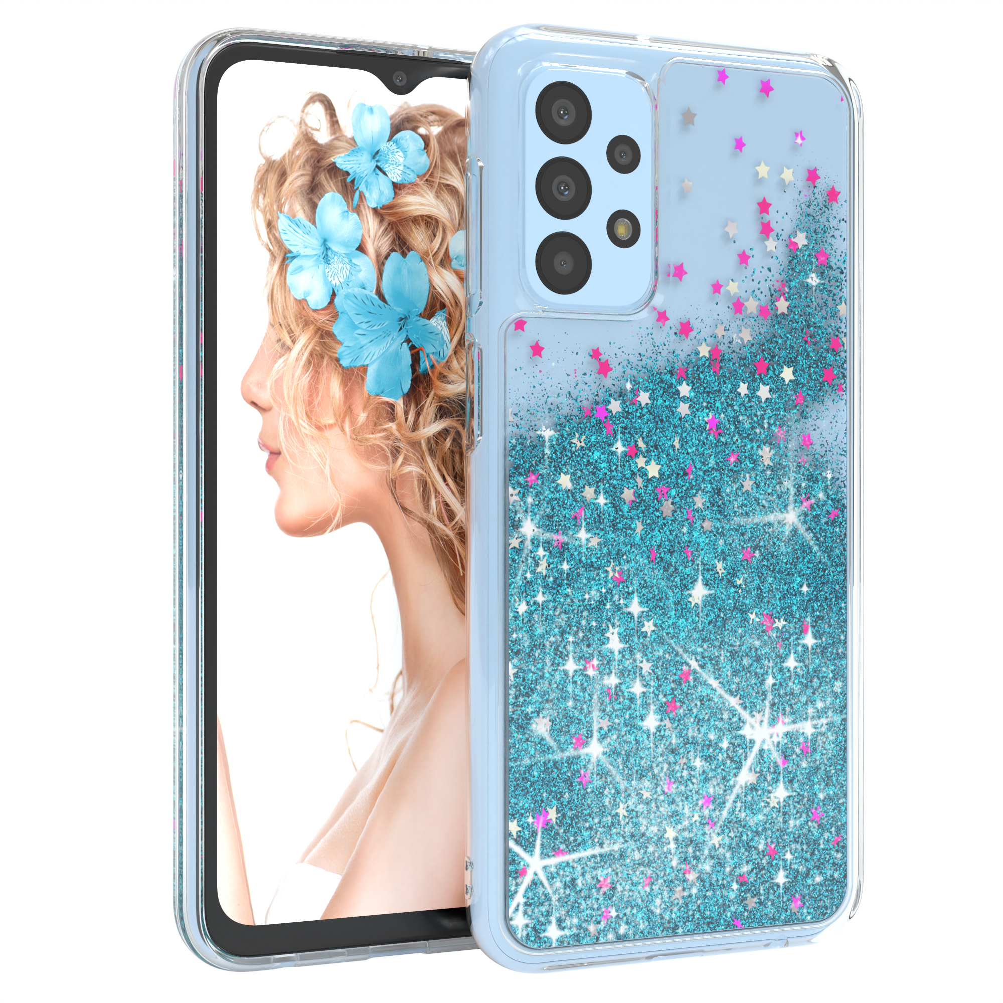 CASE Glitzerhülle EAZY Blau Backcover, Galaxy Flüssig, 5G, A23 Samsung,